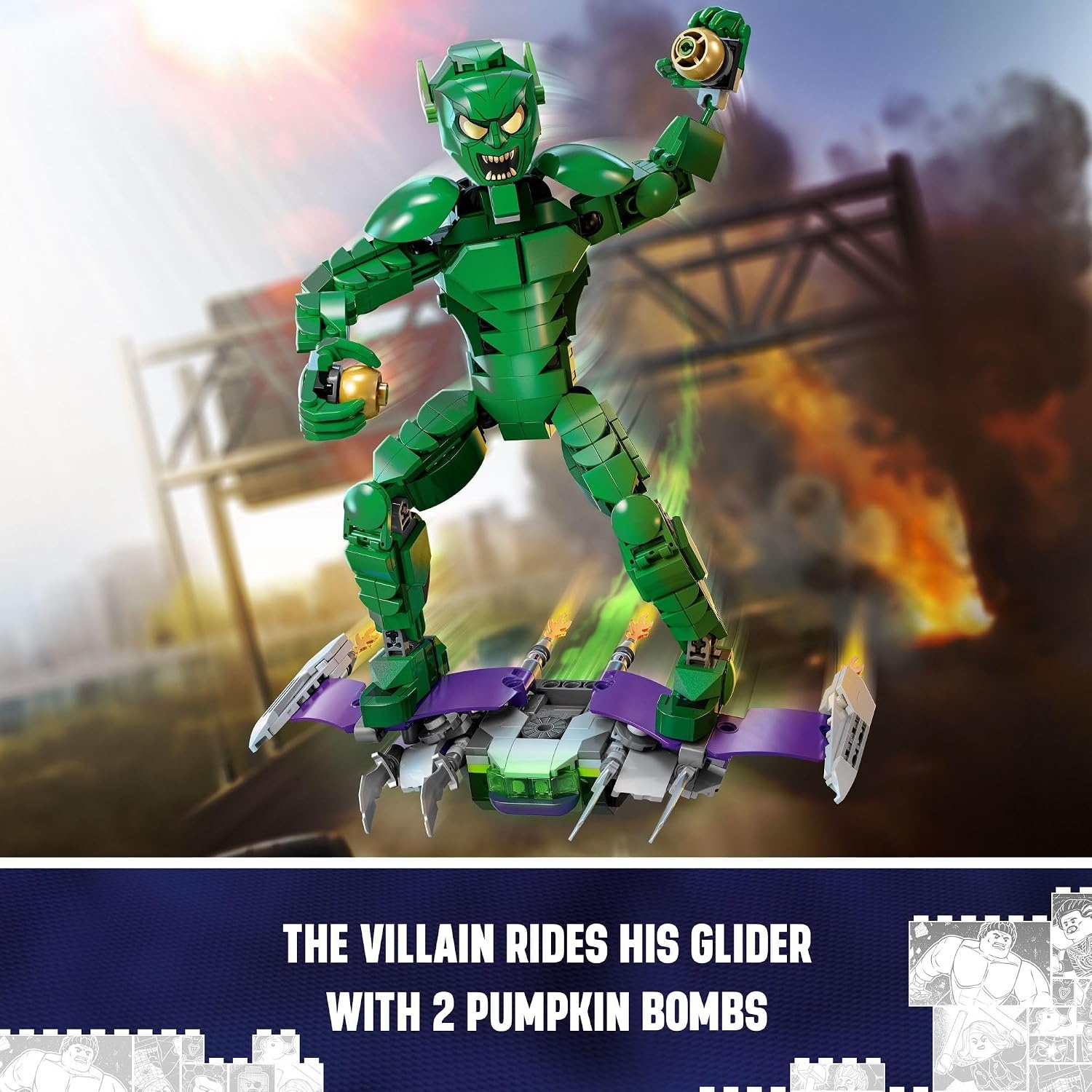 image:imageLEGO Marvel Green Goblin Construction Figure Building Toy for Boys amp Girls Ages 8 Marvel Villain Action Figure WGlider and Pumpkin Bombs Gift for Fans 76284