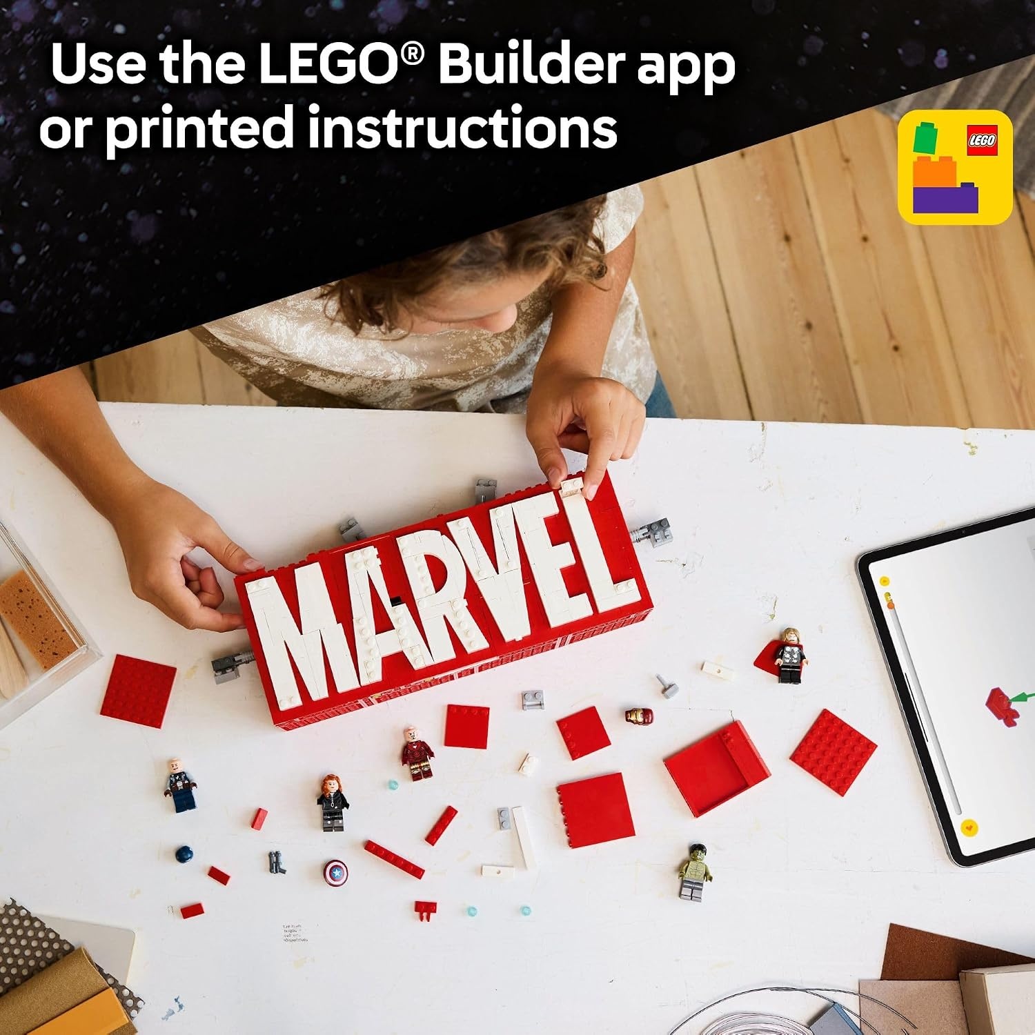 image:imageLEGO Marvel Marvel Logo amp Minifigures Building Toy Marvel Collectible Set for Kids Boys and Girls Ages 12 Model Kit with 5 Minifigures Gift Idea for Birthday 76313