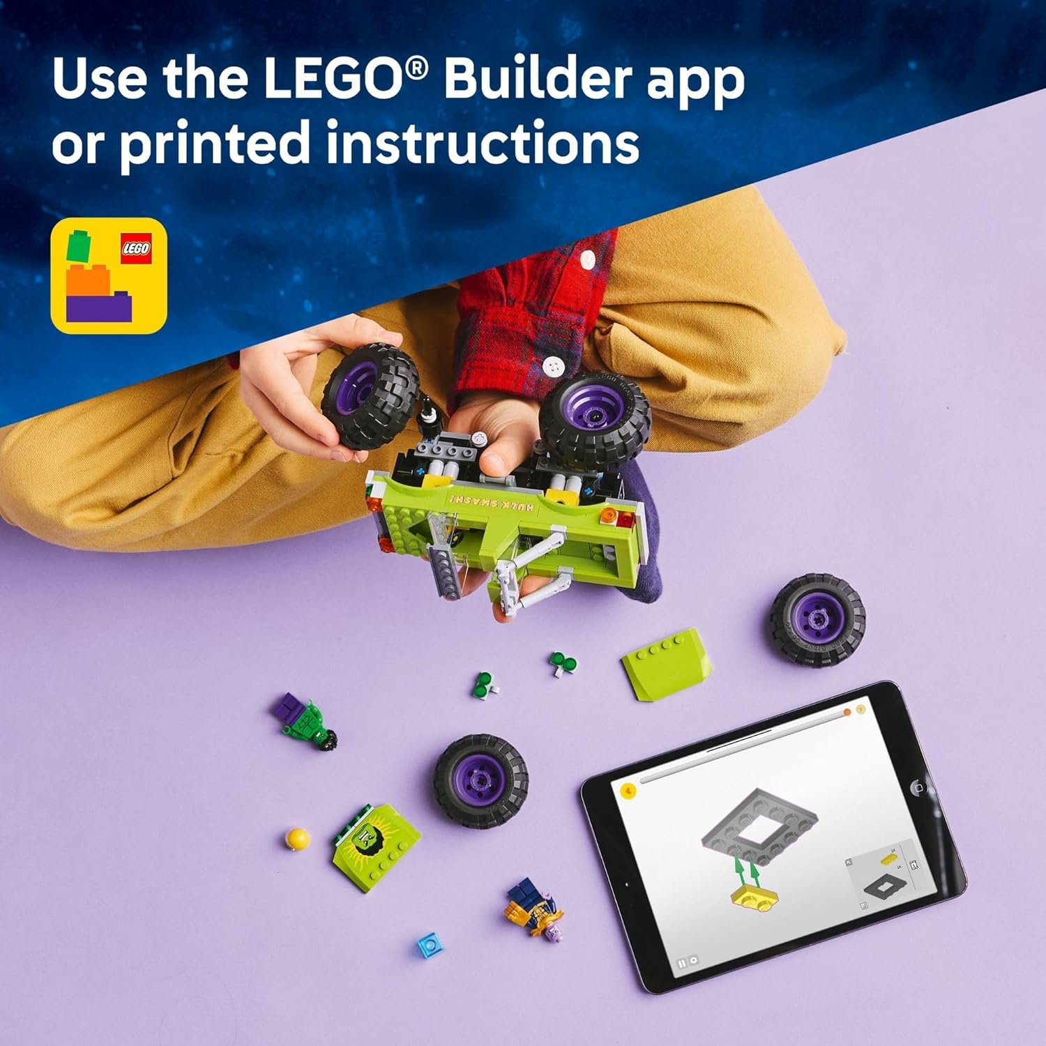 image:imageLEGO Marvel The Hulk Truck vs Thanos Monster Truck Building Toy for Kids 7 Includes Hulk amp Thanos Toy Minifigures Creative Birthday Gift Idea for Girls and Boys 76312