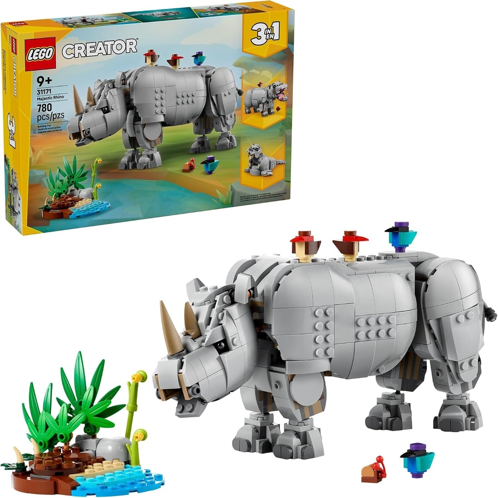 image:imageLEGO Creator 3 in 1 Wild Animals Majestic Rhino with Birds Building Toys for Kids Safari Pretend Play Toys for Girls amp Boys Ages 9 Gift for Birthdays 31171