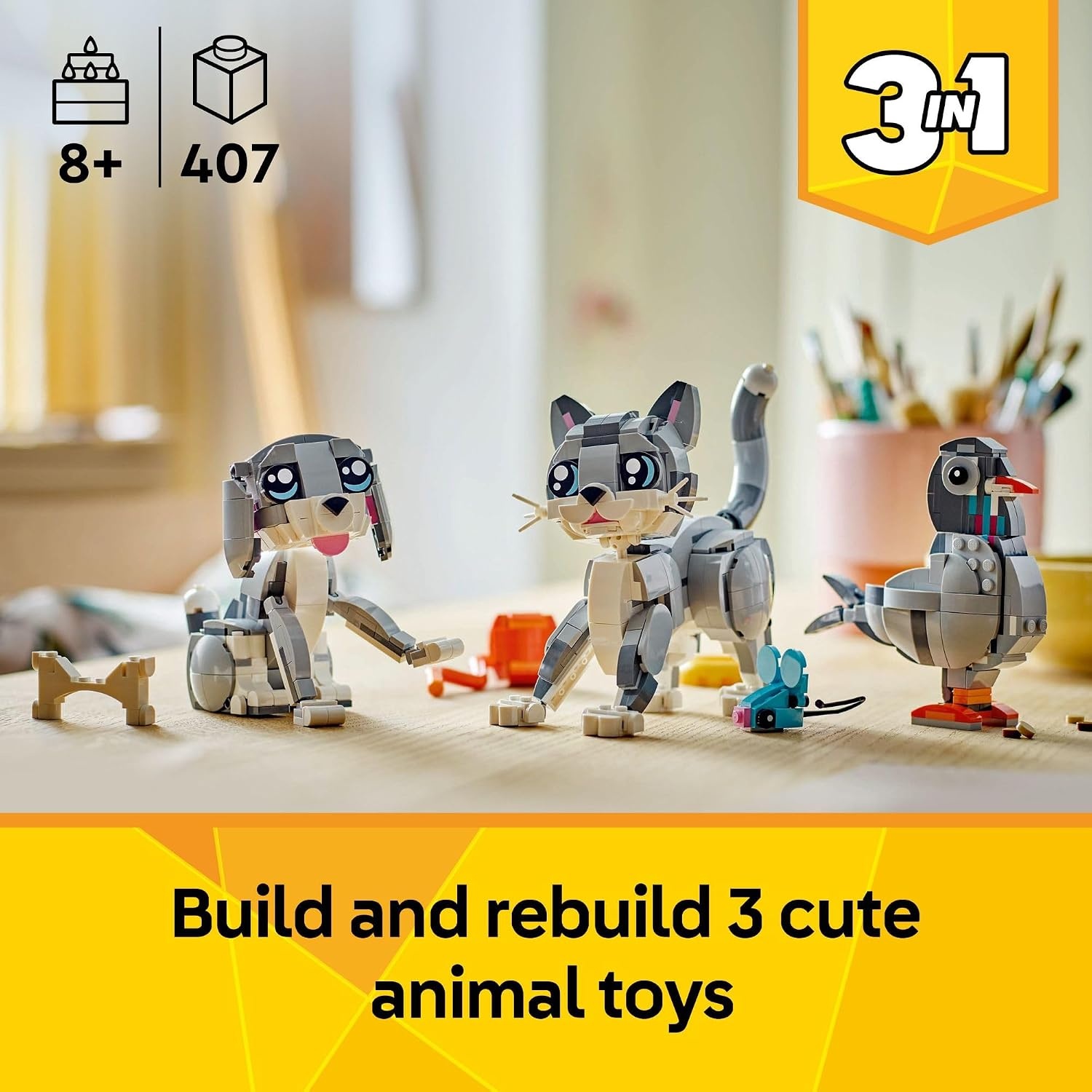 image:imageLEGO Creator 3 in 1 Playful Cat Toy Building Toy with 3 Building Options Cat Dog or Pigeon Birthday Gift for Kids Animal Figures for Kids Girls and Boys Ages 8 31163