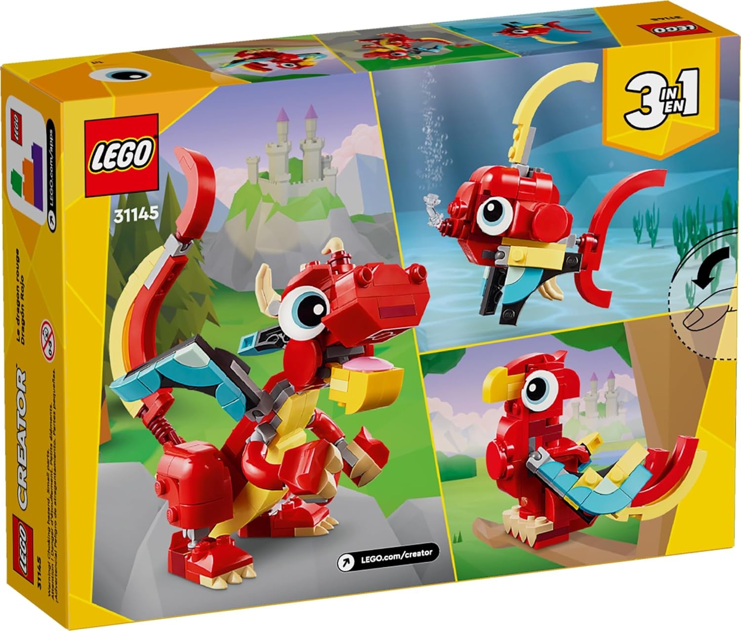 image:imageLEGO Creator 3 in 1 Red Dragon Toy Transforms from Dragon to Fish to Phoenix Gift Idea for Boys and Girls Ages 6 and Up Animal Toy Set for Kids 31145
