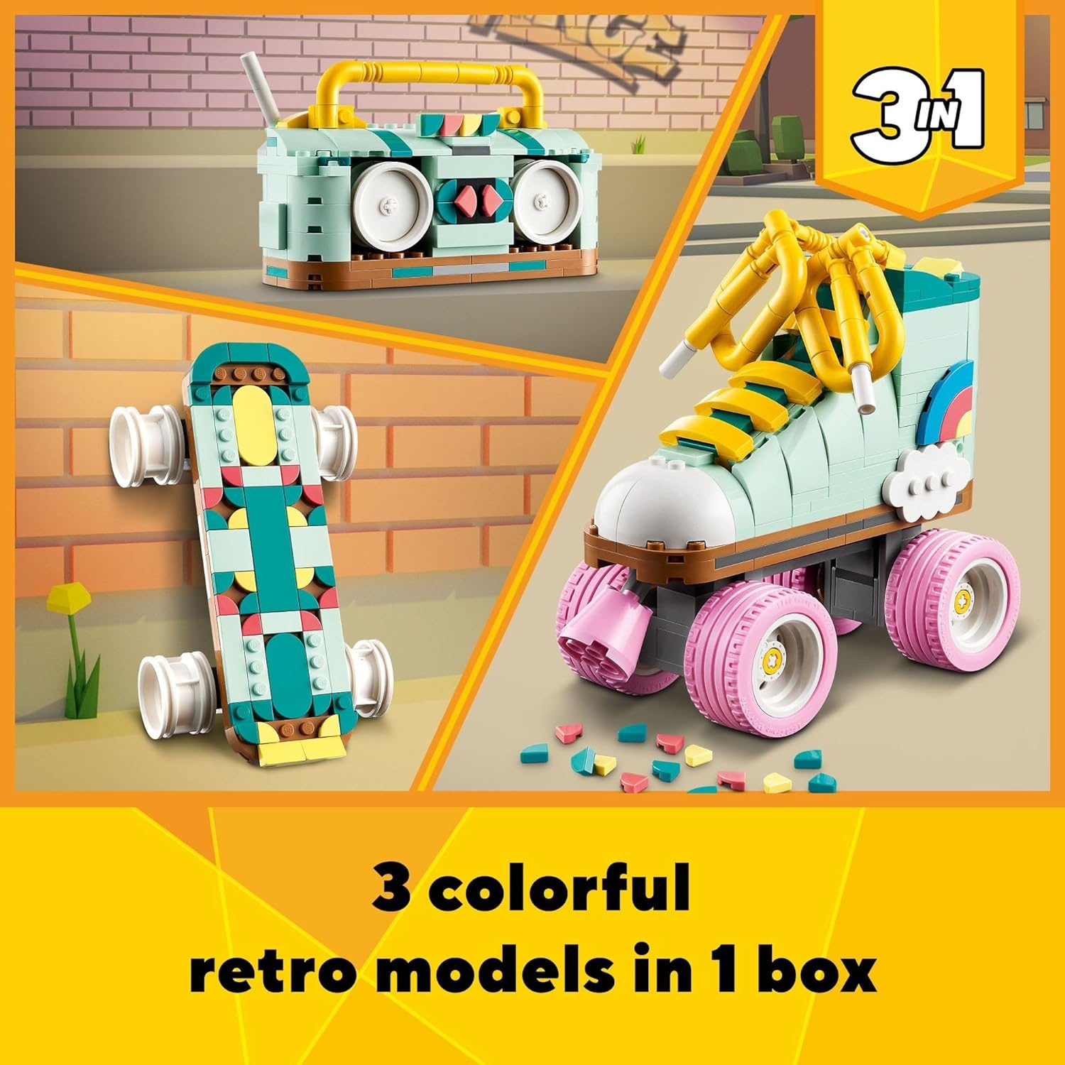 image:imageLEGO Creator 3 in 1 Retro Roller Skate Building Kit Transforms from Roller Skate Toy to Mini Skateboard to Boom Box Radio Birthday Gift for Skaters Cool Toy for Boys and Girls Ages 8 and Up 31148