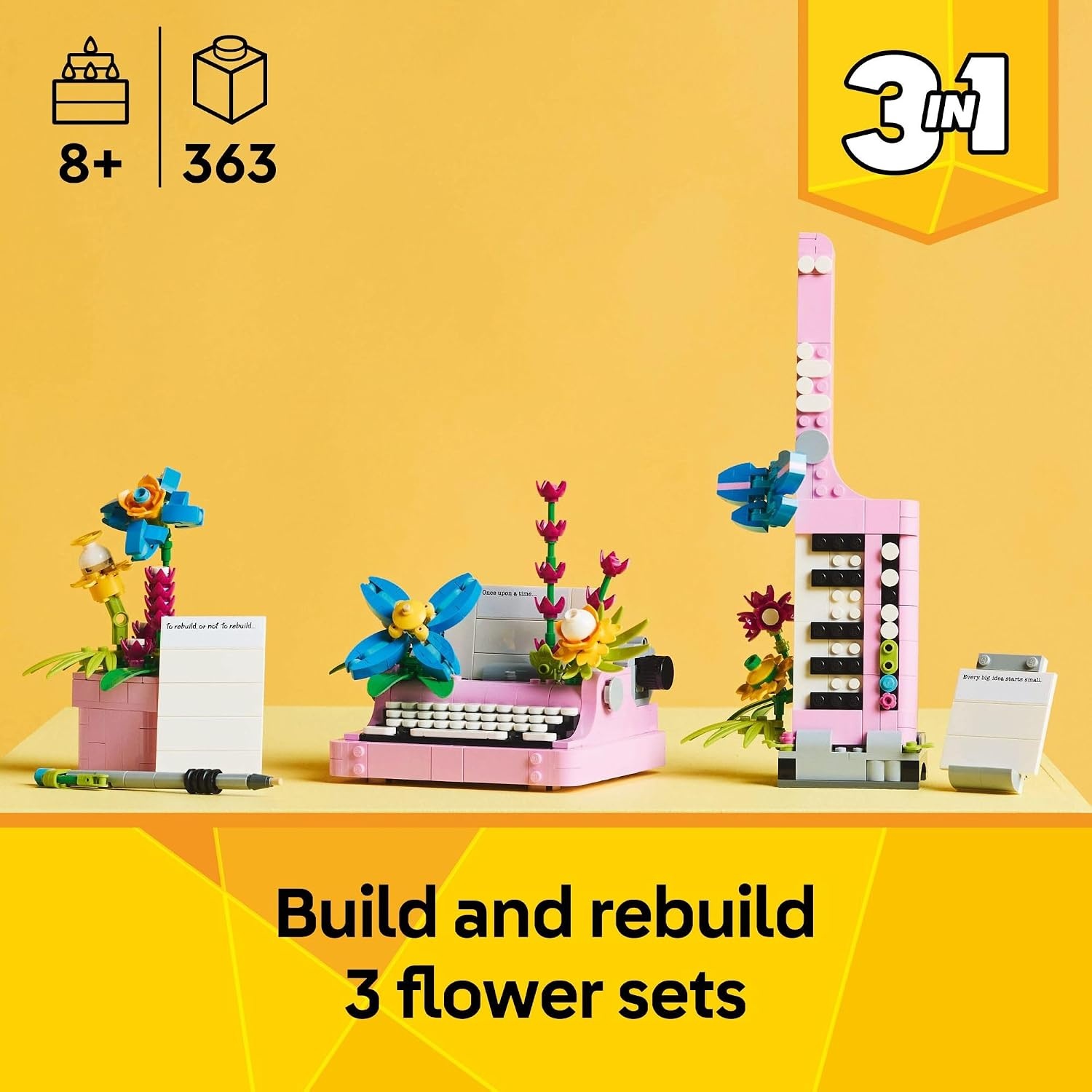 image:imageLEGO Creator 3 in 1 Typewriter with Flowers Building Toy with 3 Building Options Typewriter Flowerpot with Pen amp Notebook or Keytar Gift Idea for Birthdays 31169