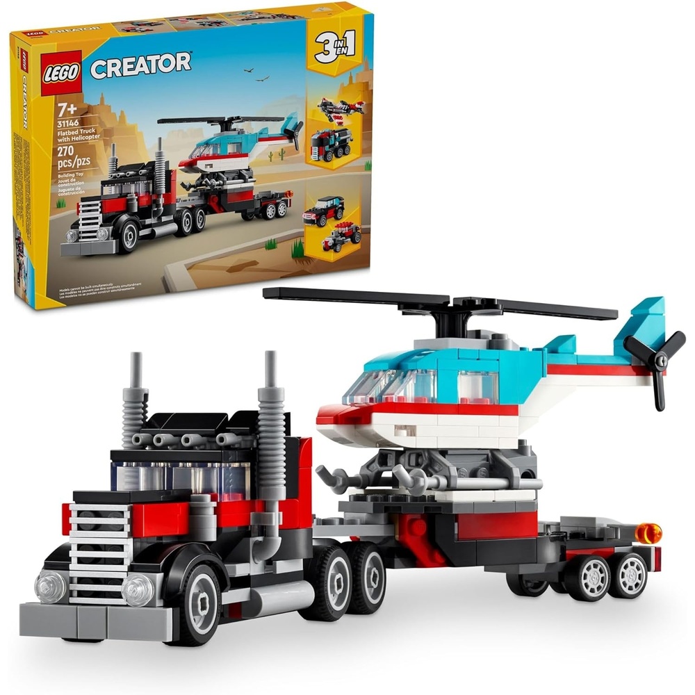 image:imageLEGO Creator 3 in 1 Flatbed Truck with Helicopter Toy Transforms from Flatbed Truck Toy to Propeller Plane to Hot Rod and SUV Cars Gift Idea for Boys and Girls Ages 7 Years Old and Up 31146