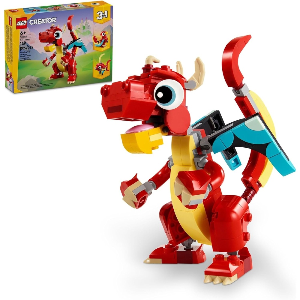 image:imageLEGO Creator 3 in 1 Red Dragon Toy Transforms from Dragon to Fish to Phoenix Gift Idea for Boys and Girls Ages 6 and Up Animal Toy Set for Kids 31145