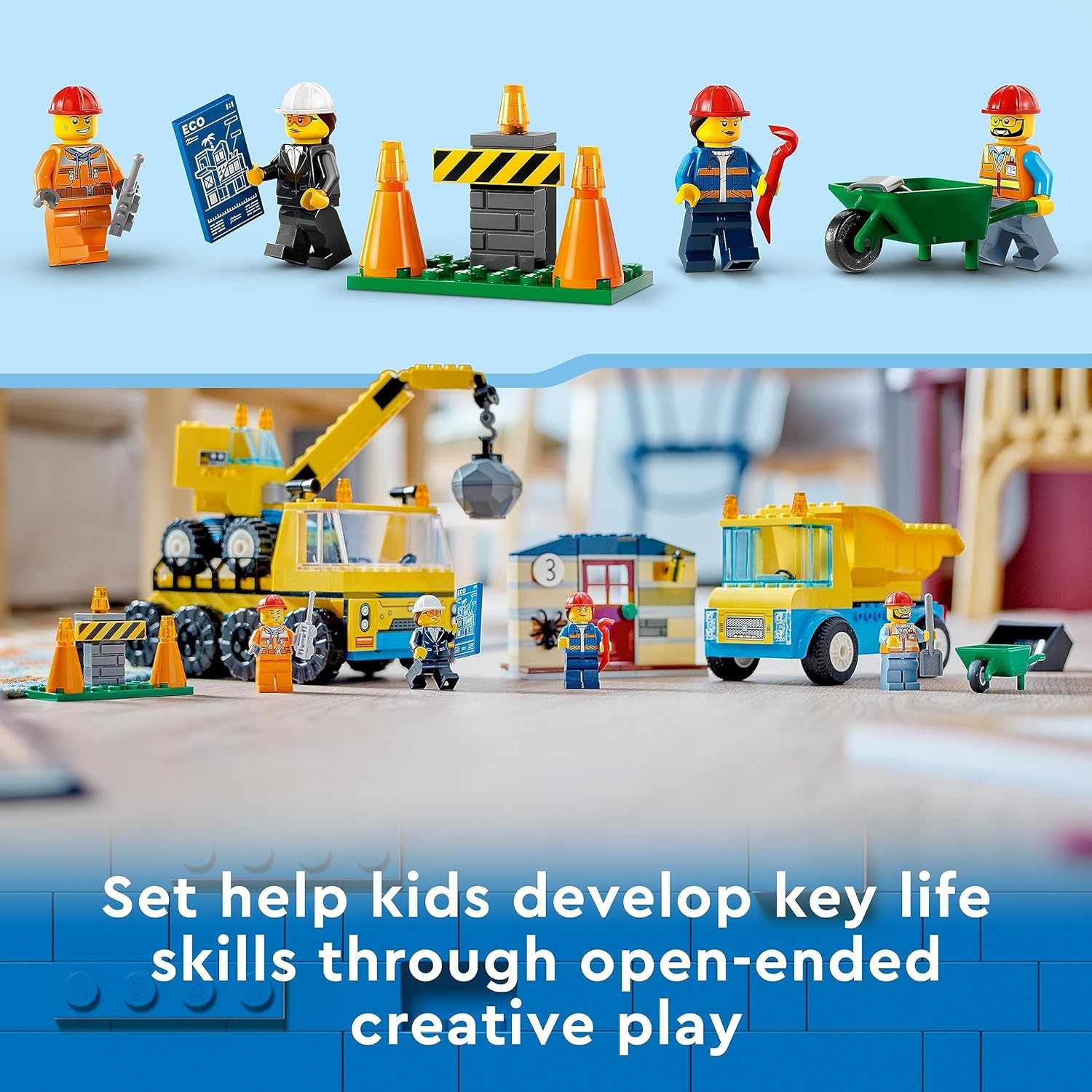 image:imageLEGO City Construction Trucks and Wrecking Ball Crane 60391 Building Toy Set for Toddler Kids Ages 4 Includes 3 Construction Vehicles an Abandoned House and 3 Minifigures for Pretend Play