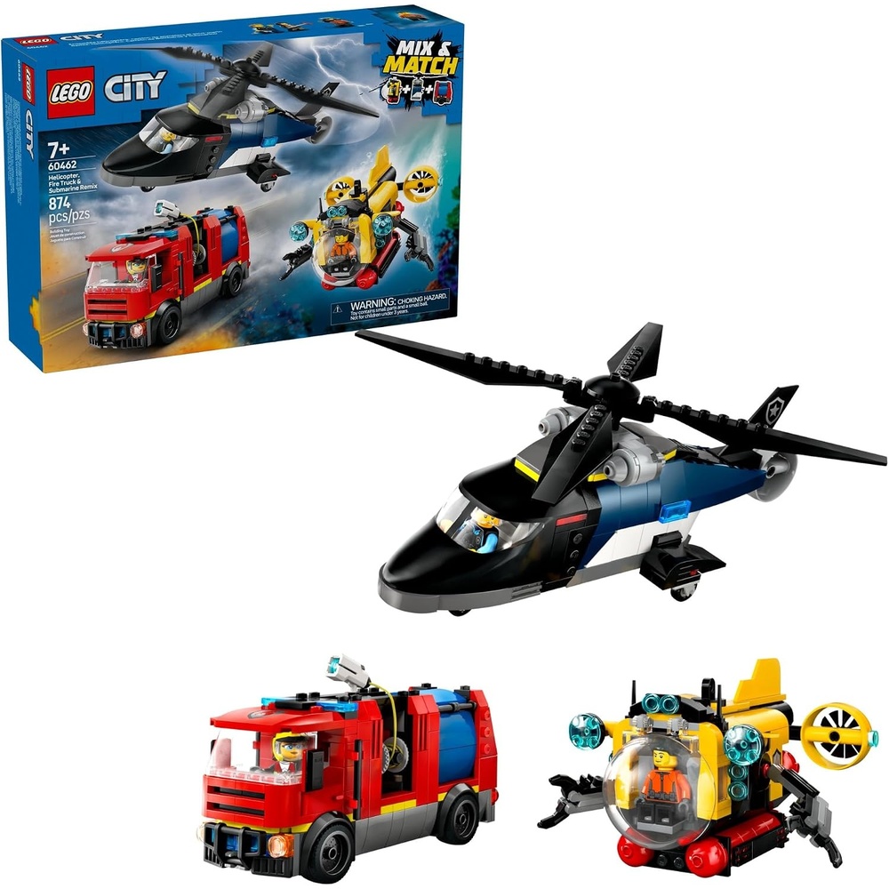image:imageLEGO City Helicopter Fire Truck amp Submarine Remix Kids Toy 3 Building Toys in 1 for Boys and Girls Ages 7 Gift Idea for Birthdays with 3 Minifigures 60462