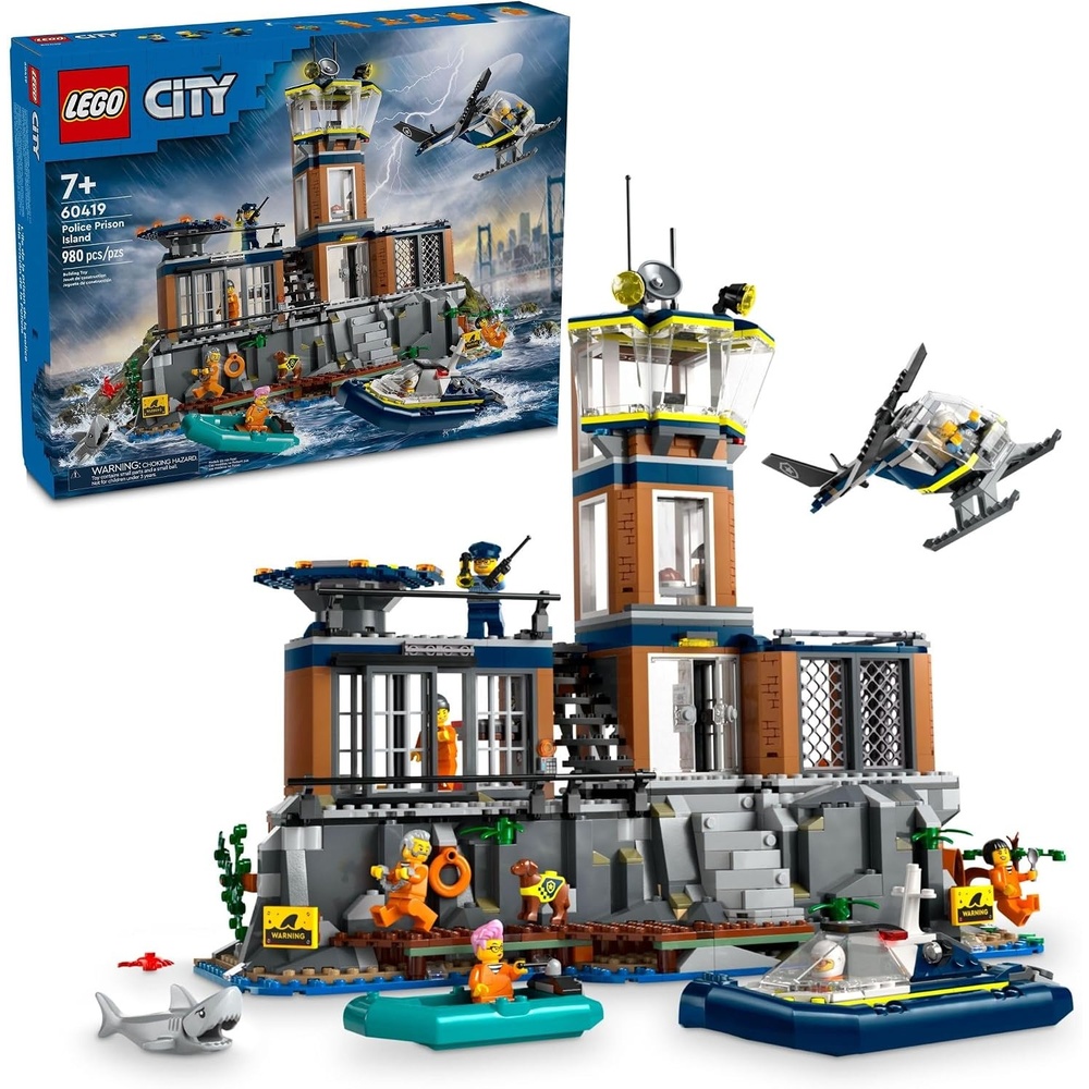 image:imageLEGO City Police Prison Island Building Set Birthday Gift for Boys and Girls Ages 7 Plus Imaginative Play Helicopter Toy Boat Toy and Dinghy 7 Minifigures with Dog and Shark 60419