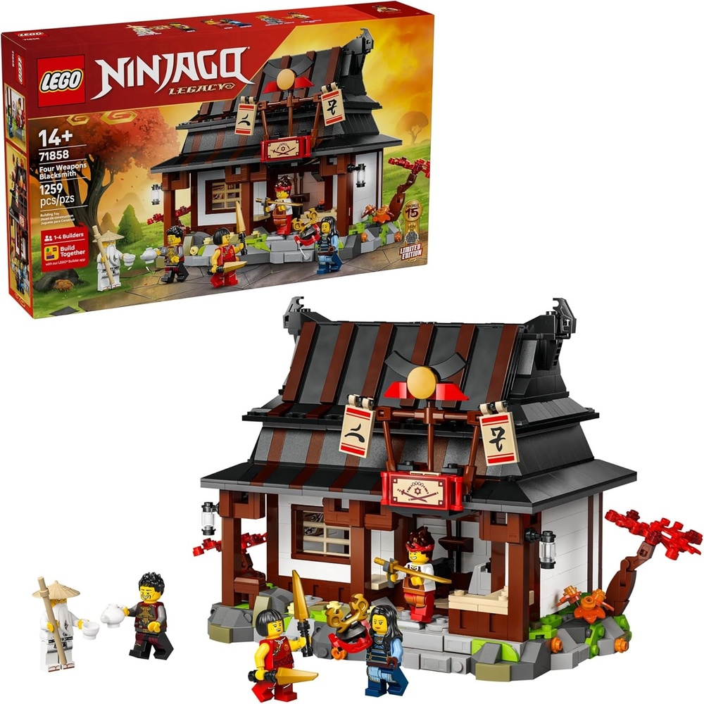 image:imageLEGO NINJAGO Four Weapons Blacksmith 15th Anniversary Building Toy for Kids Ages 14  Ninja Playset WCollectible Elemental Master of Earth  4 Minifigures  Gift Idea for Teen Boys amp Girls  71858