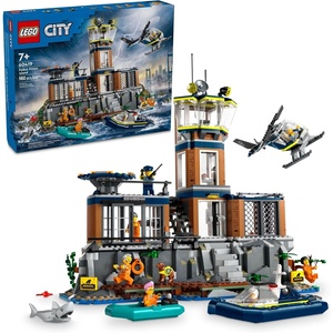 LEGO City Police Prison Island Building Set, Birthday Gift for Boys and Girls Ages 7 Plus, Imaginative Play, Helicopter Toy, Boat Toy and Dinghy, 7 Minifigures with Dog and Shark, 60419
