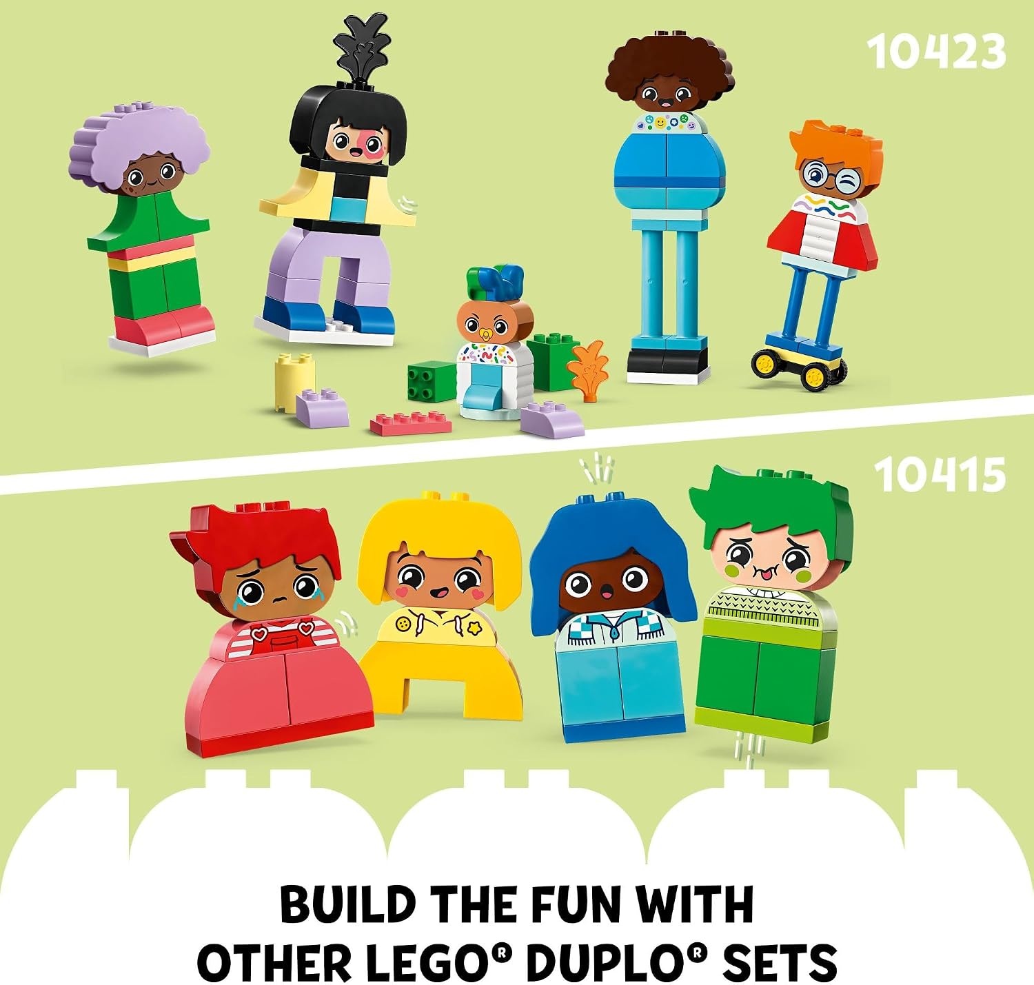 image:imageLEGO DUPLO Town Buildable People with Big Emotions Interactive Toy for Ages 3 and Up 5 Characters with 10 RolePlay Faces 71 Colorful Bricks for MixandMatch Customizable Fun 10423