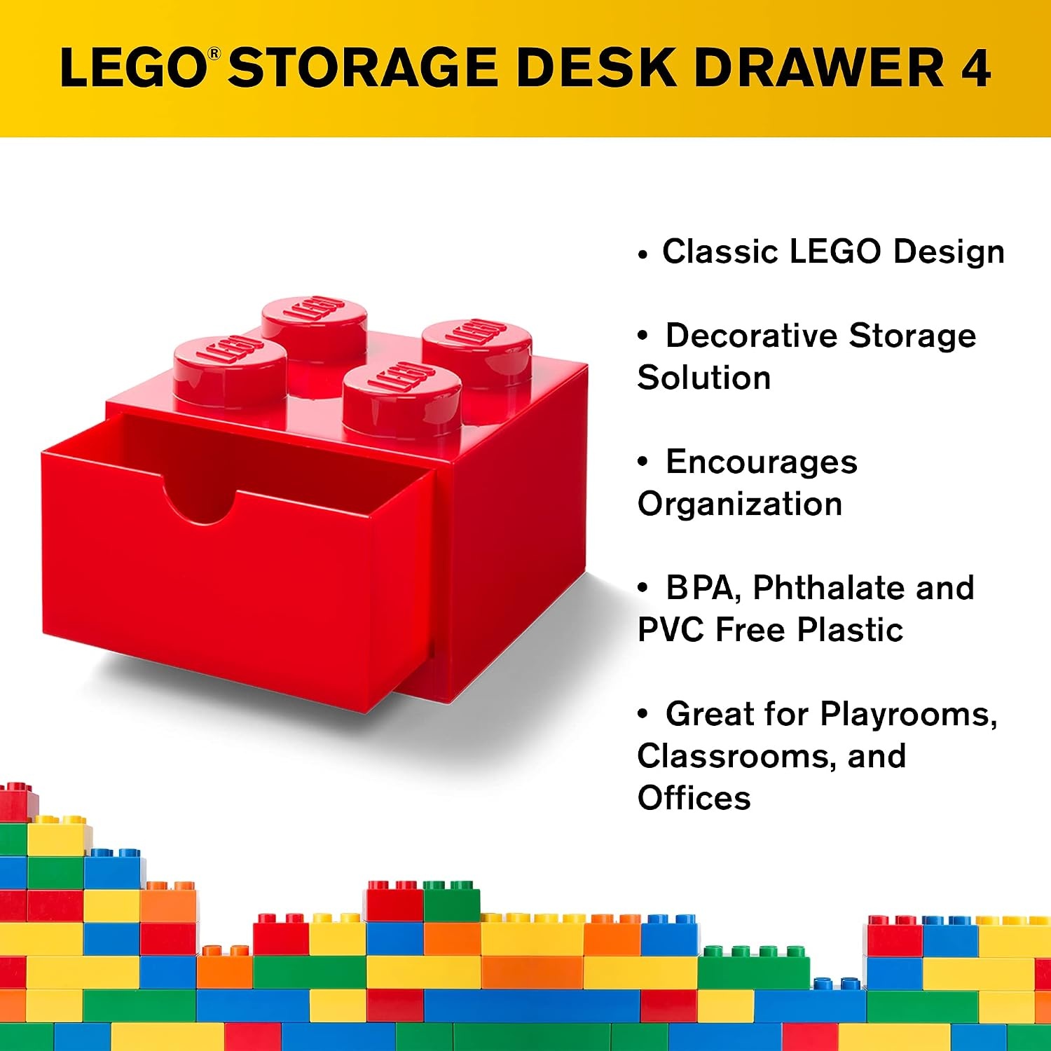 image:imageRoom Copenhagen LEGO Storage Brick 4 Desk Drawer 4Stud Stackable Tabletop Storage Box 62 x 62 x 44 In Red Stackable Storage Box for Desk Storage Kids Room Office LEGO accessories Stackable Organizer
