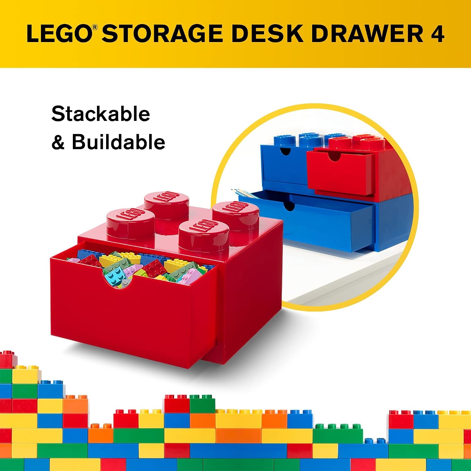 image:imageRoom Copenhagen LEGO Storage Brick 4 Desk Drawer 4Stud Stackable Tabletop Storage Box 62 x 62 x 44 In Red Stackable Storage Box for Desk Storage Kids Room Office LEGO accessories Stackable Organizer