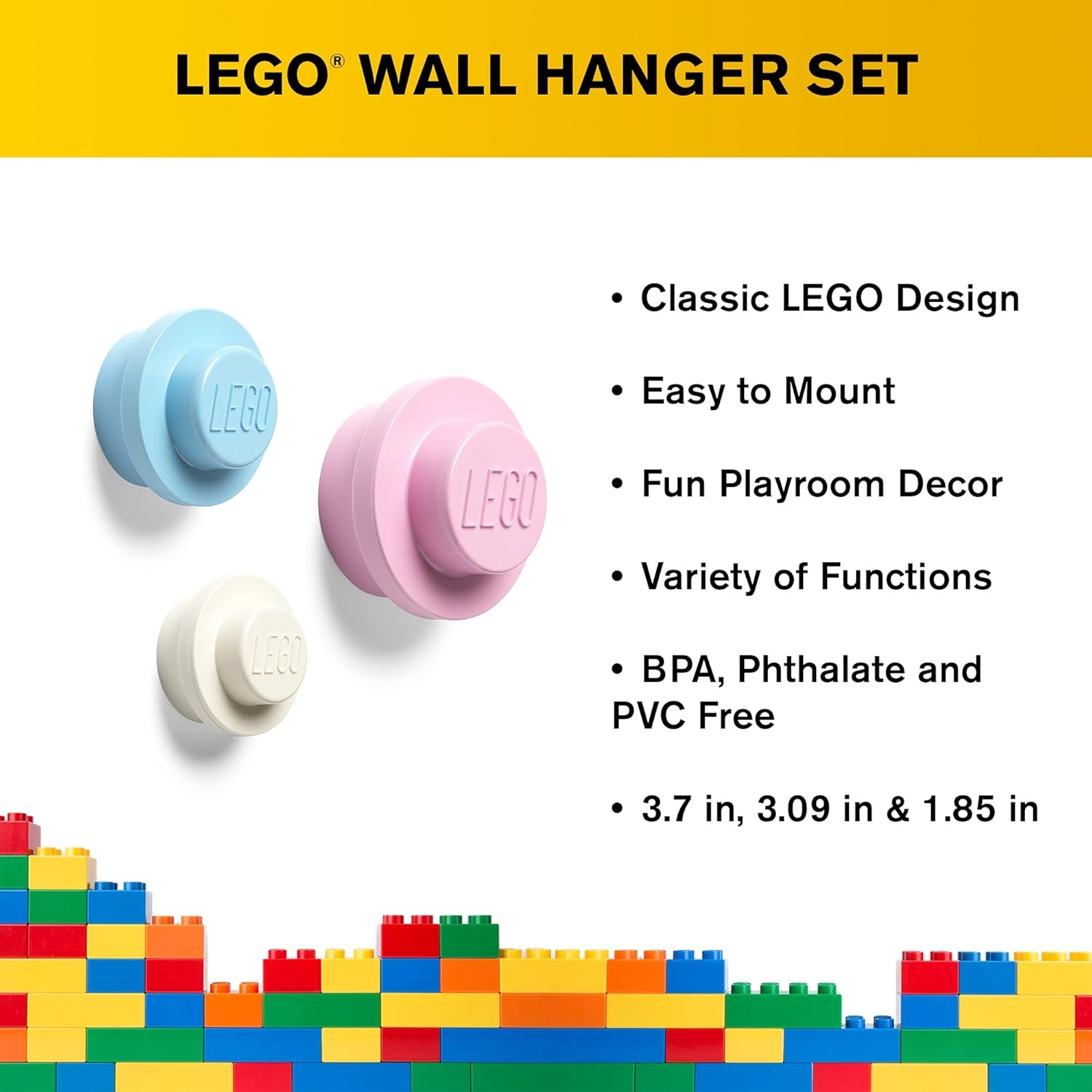 image:imageRoom Copenhagen Lego Wall Hanger Set Decorative Playroom Utility Hooks BlackWhiteGreyWhite Light Blue Pink