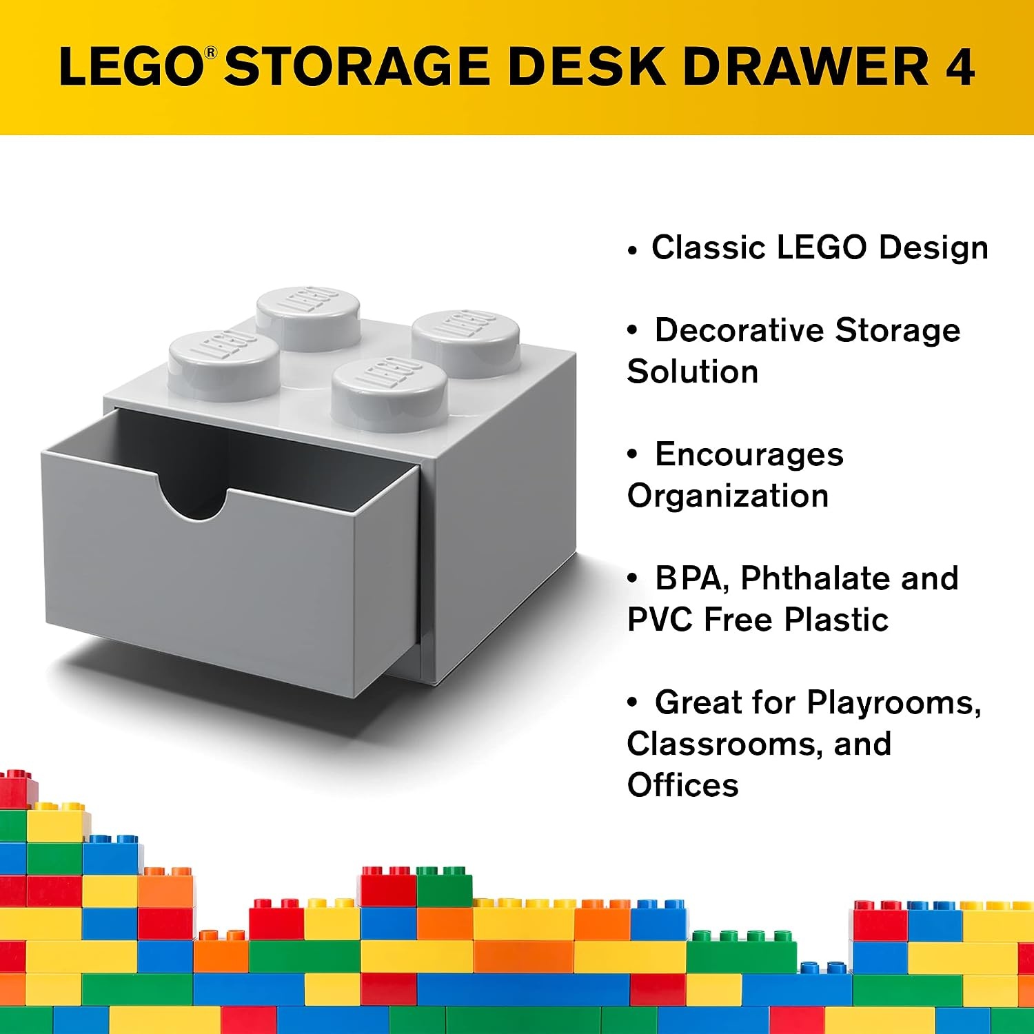 image:imageLEGO Brick Drawer 4 Knobs 1 Drawer Storage Box 622 x 622 x 445 in Grey Stackable Storage Box 1 PullOut Drawer 4Knob Brick Design Toy amp Desk StorageGrey
