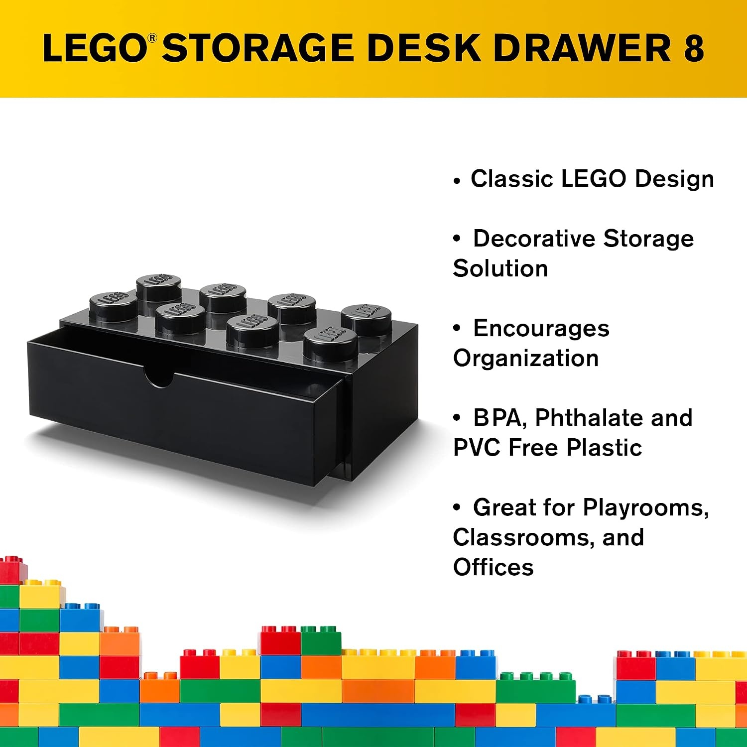image:imageLEGO Brick Drawer 4 Knobs 1 Drawer Storage Box 622 x 622 x 445 in Grey Stackable Storage Box 1 PullOut Drawer 4Knob Brick Design Toy amp Desk StorageBlack