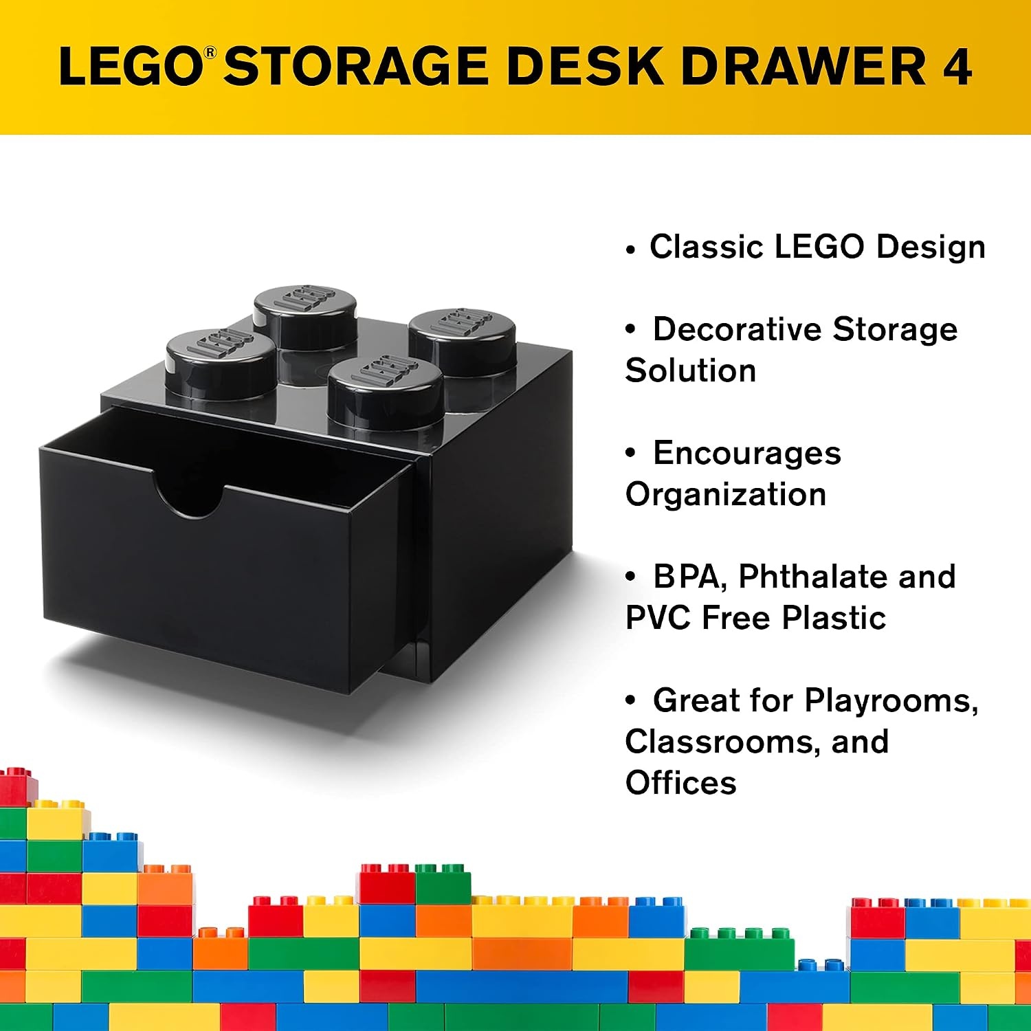 image:imageLEGO Brick Drawer 4 Knobs 1 Drawer Storage Box 622 x 622 x 445 in Grey Stackable Storage Box 1 PullOut Drawer 4Knob Brick Design Toy amp Desk StorageBlack