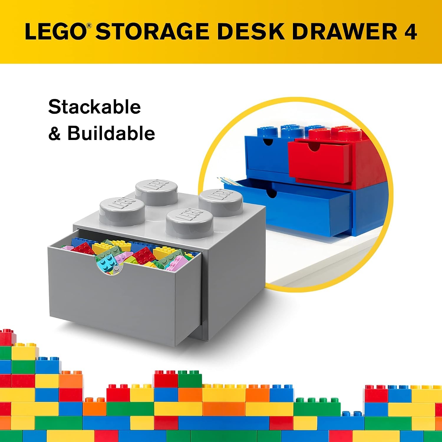 image:imageLEGO Brick Drawer 4 Knobs 1 Drawer Storage Box 622 x 622 x 445 in Grey Stackable Storage Box 1 PullOut Drawer 4Knob Brick Design Toy amp Desk StorageGrey