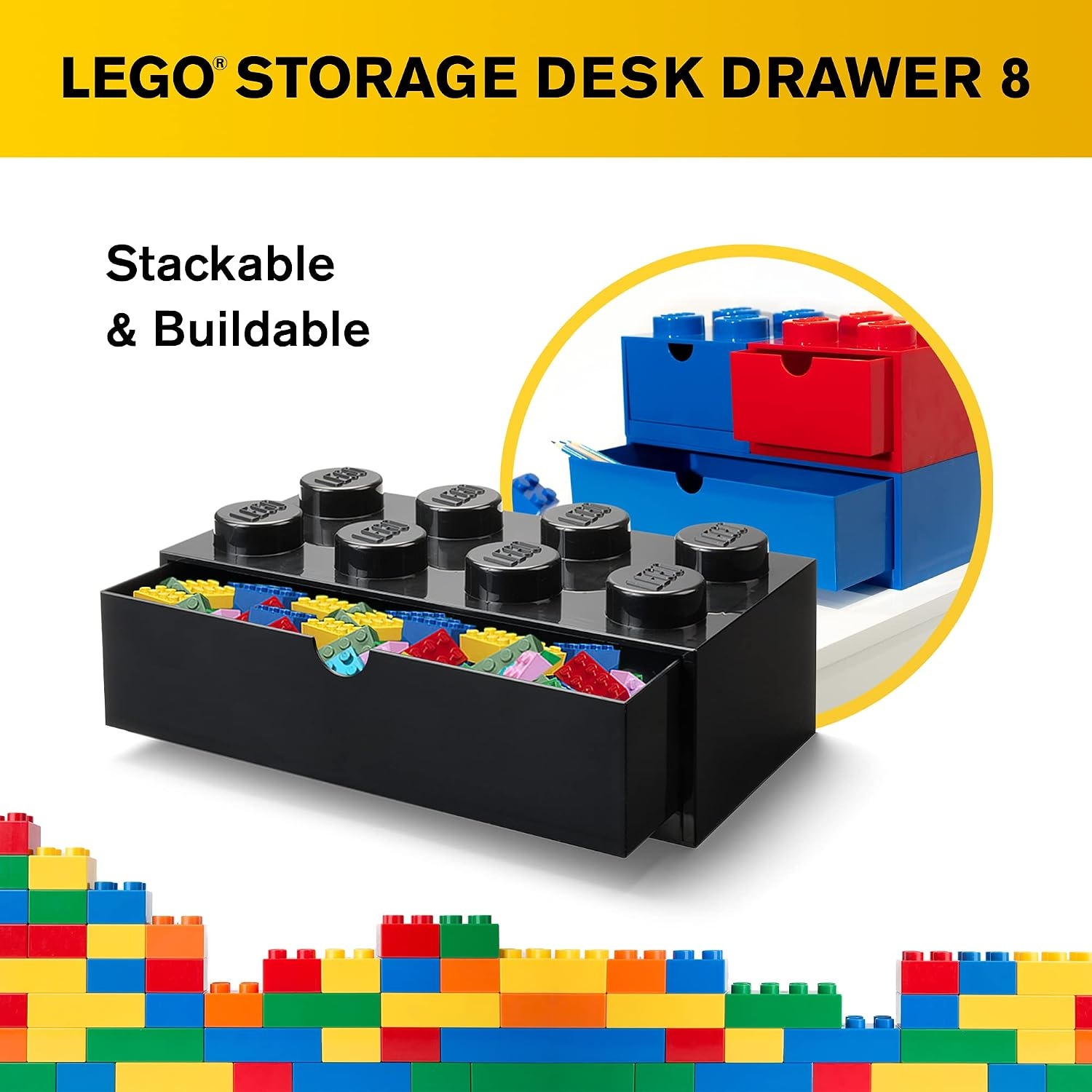 image:imageLEGO Brick Drawer 4 Knobs 1 Drawer Storage Box 622 x 622 x 445 in Grey Stackable Storage Box 1 PullOut Drawer 4Knob Brick Design Toy amp Desk StorageBlack