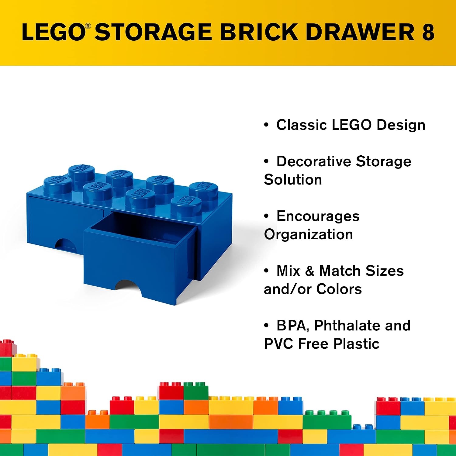image:imageLEGO Brick Drawer 8 Knobs 2 Drawers Stackable Storage Box Bright Yellow Oversized 197 x 98 x 71 stackable toy chest BPAfree polypropylene playroom organizer for kidsBright Blue