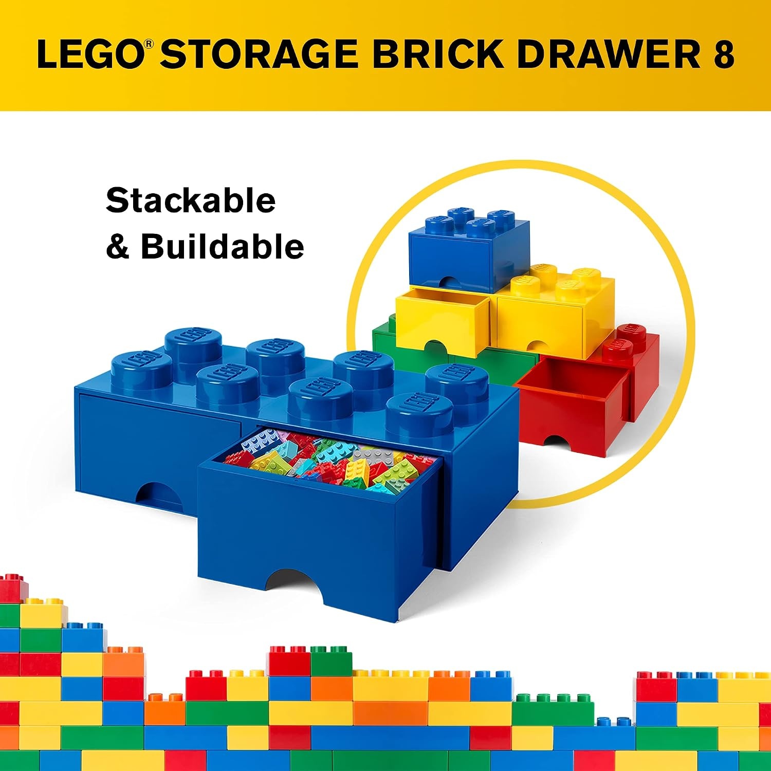 image:imageLEGO Brick Drawer 8 Knobs 2 Drawers Stackable Storage Box Bright Yellow Oversized 197 x 98 x 71 stackable toy chest BPAfree polypropylene playroom organizer for kidsBright Blue