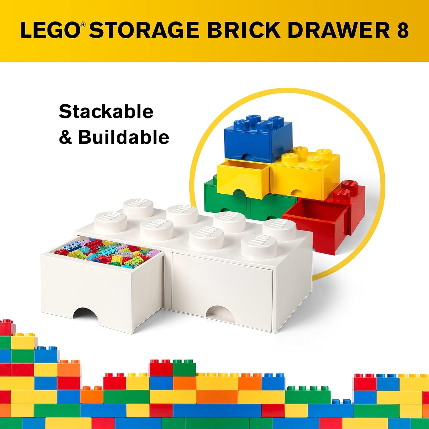 image:imageLEGO Brick Drawer 8 Knobs 2 Drawers Stackable Storage Box Bright Yellow Oversized 197 x 98 x 71 stackable toy chest BPAfree polypropylene playroom organizer for kidsWhite