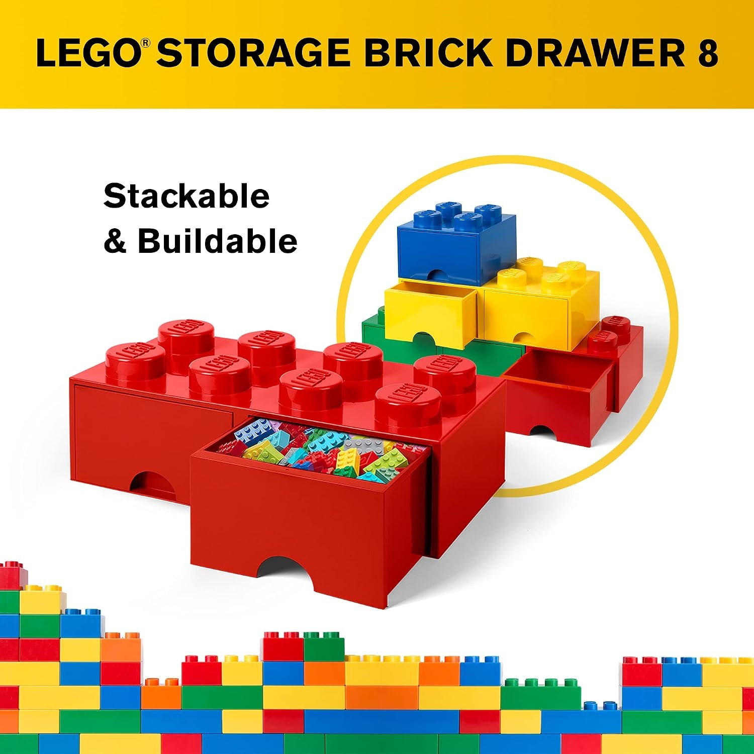 image:imageLEGO Brick Drawer 8 Knobs 2 Drawers Stackable Storage Box Bright Yellow Oversized 197 x 98 x 71 stackable toy chest BPAfree polypropylene playroom organizer for kidsBright Red