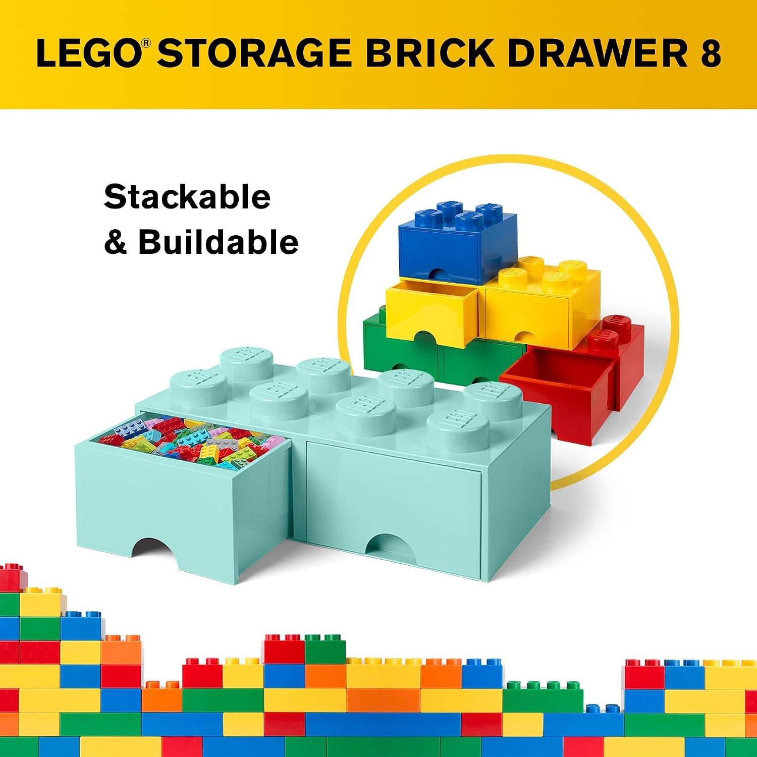 image:imageLEGO Brick Drawer 8 Knobs 2 Drawers Stackable Storage Box Bright Yellow Oversized 197 x 98 x 71 stackable toy chest BPAfree polypropylene playroom organizer for kidsAqua