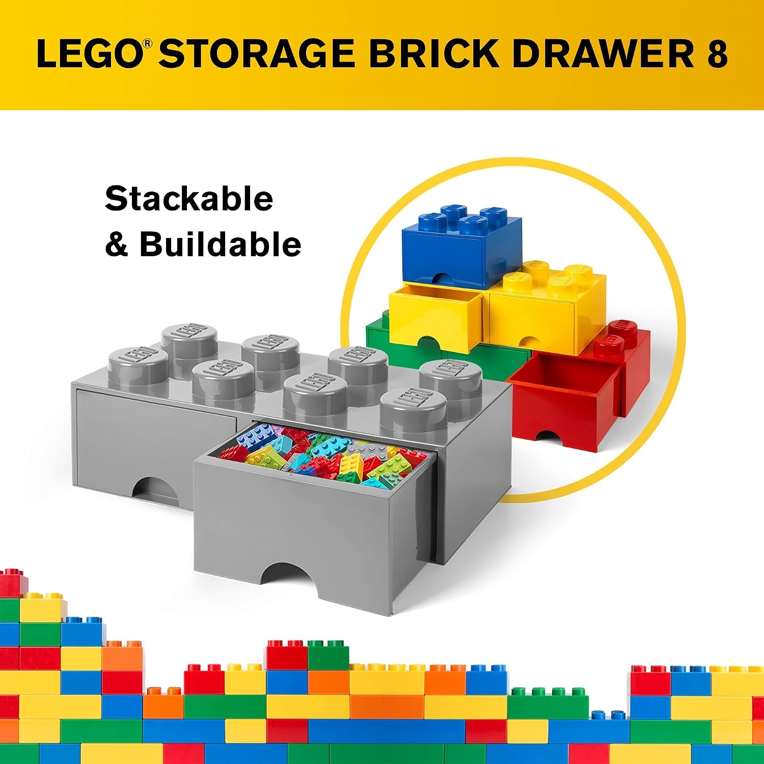 image:imageLEGO Brick Drawer 8 Knobs 2 Drawers Stackable Storage Box Bright Yellow Oversized 197 x 98 x 71 stackable toy chest BPAfree polypropylene playroom organizer for kidsStone Grey
