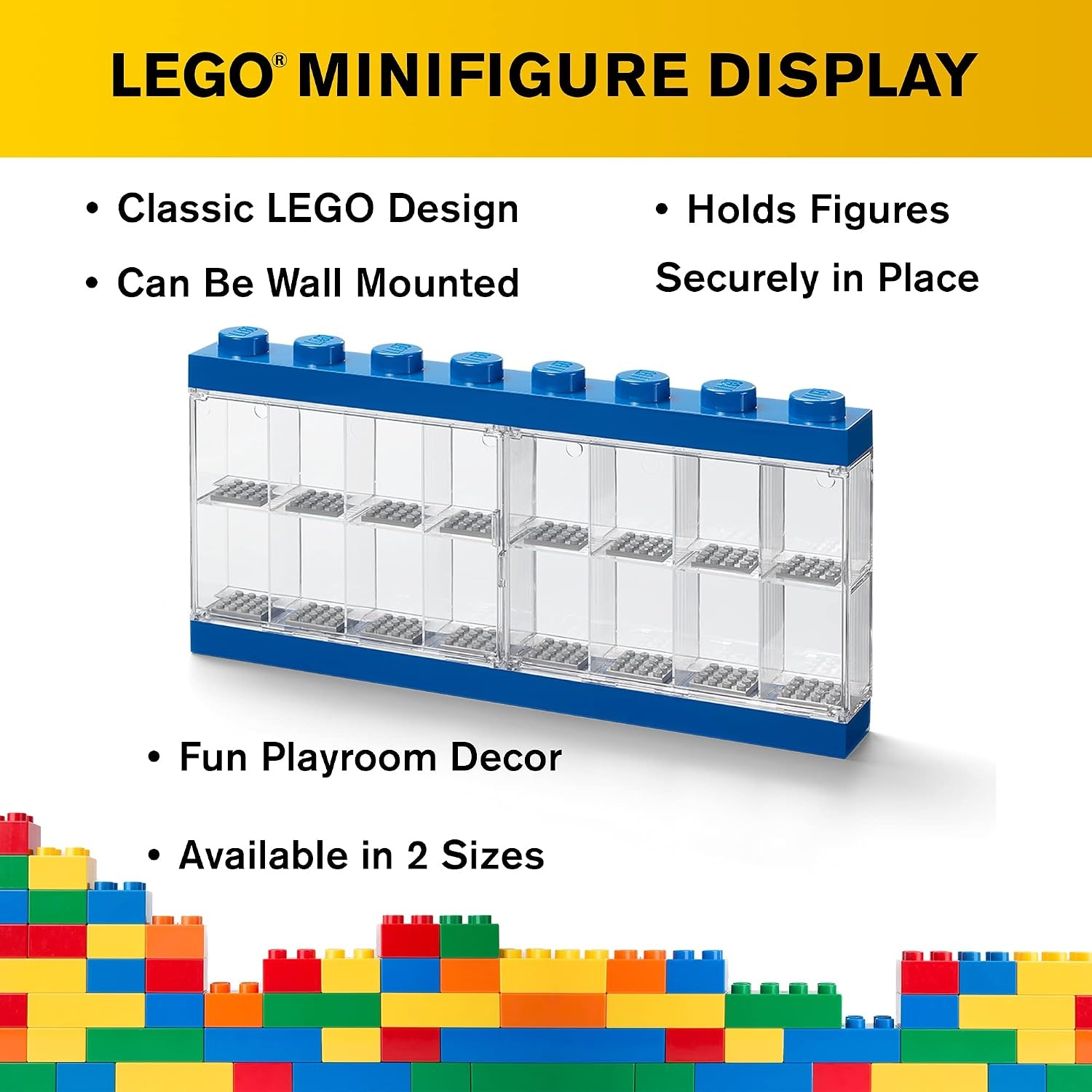 image:imageLEGO Minifigure Display Case 16 Black Space for 16 Minifigures BPAfree large cabinet with 16 individual compartments and baseplates Securely showcase your favorite LEGO charactersBright Blue