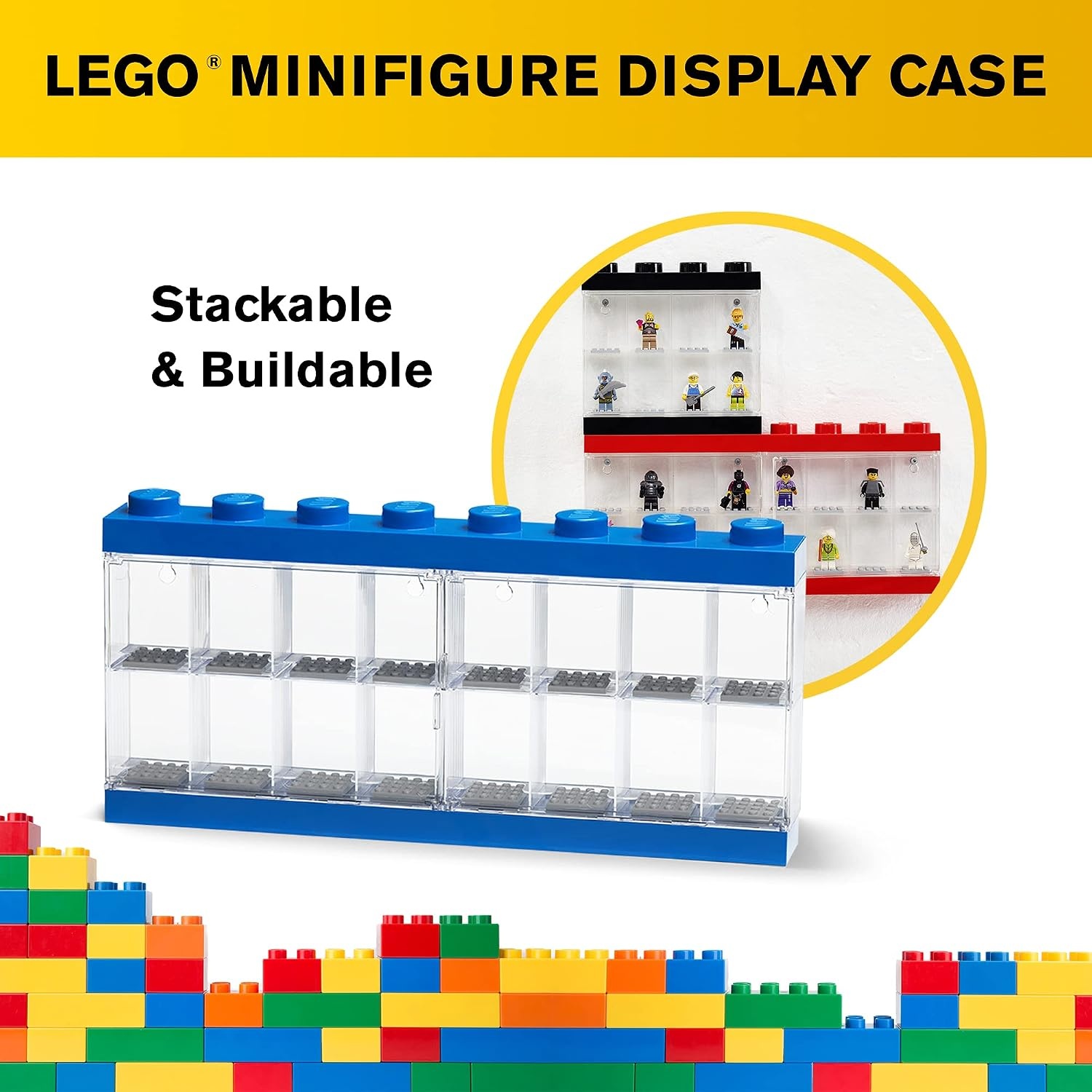 image:imageLEGO Minifigure Display Case 16 Black Space for 16 Minifigures BPAfree large cabinet with 16 individual compartments and baseplates Securely showcase your favorite LEGO charactersBright Blue