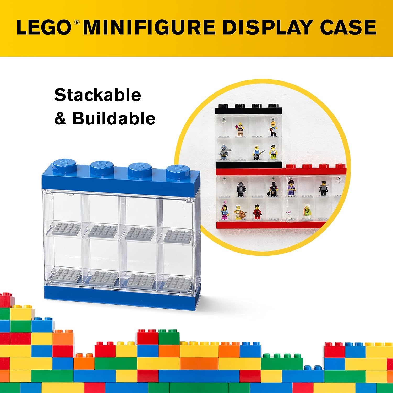 image:imageLEGO Minifigure Display Case 16 Black Space for 16 Minifigures BPAfree large cabinet with 16 individual compartments and baseplates Securely showcase your favorite LEGO charactersBright Blue