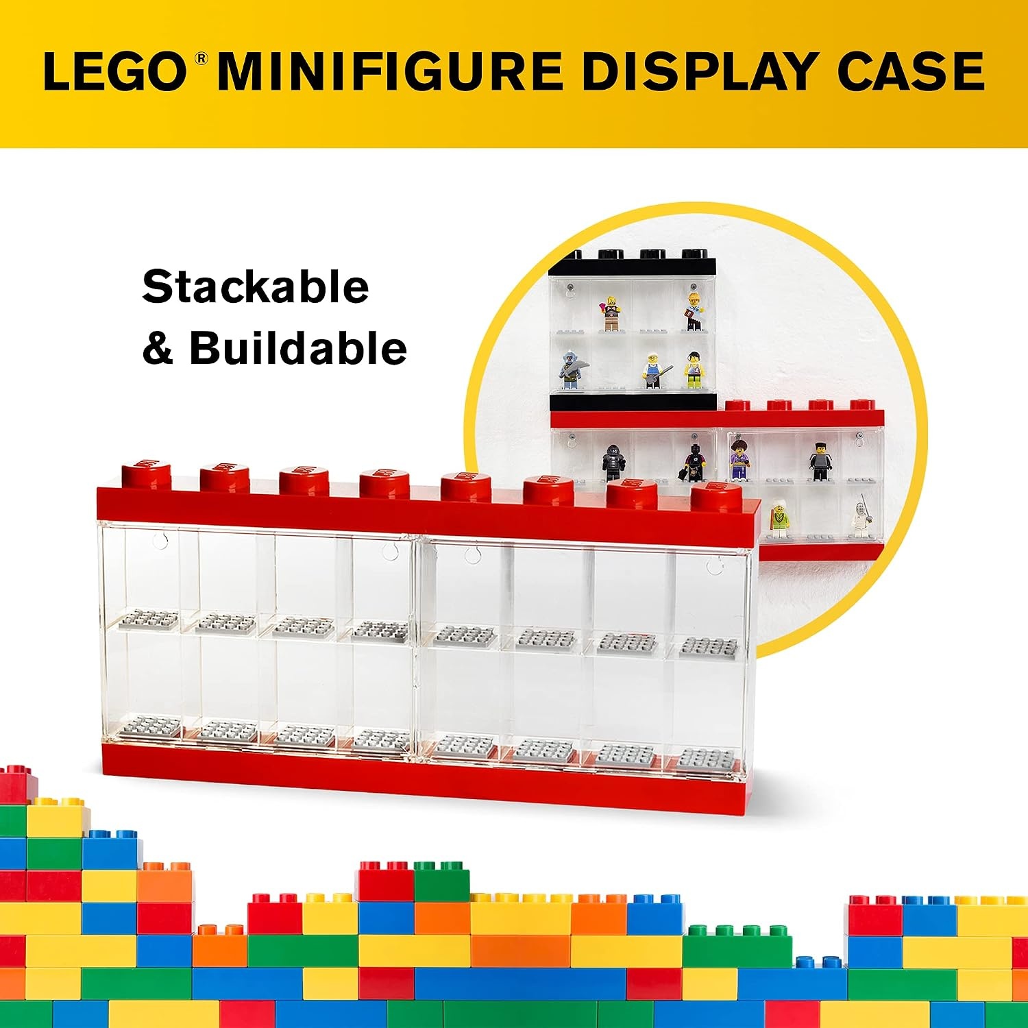 image:imageLEGO Minifigure Display Case 16 Black Space for 16 Minifigures BPAfree large cabinet with 16 individual compartments and baseplates Securely showcase your favorite LEGO charactersRed