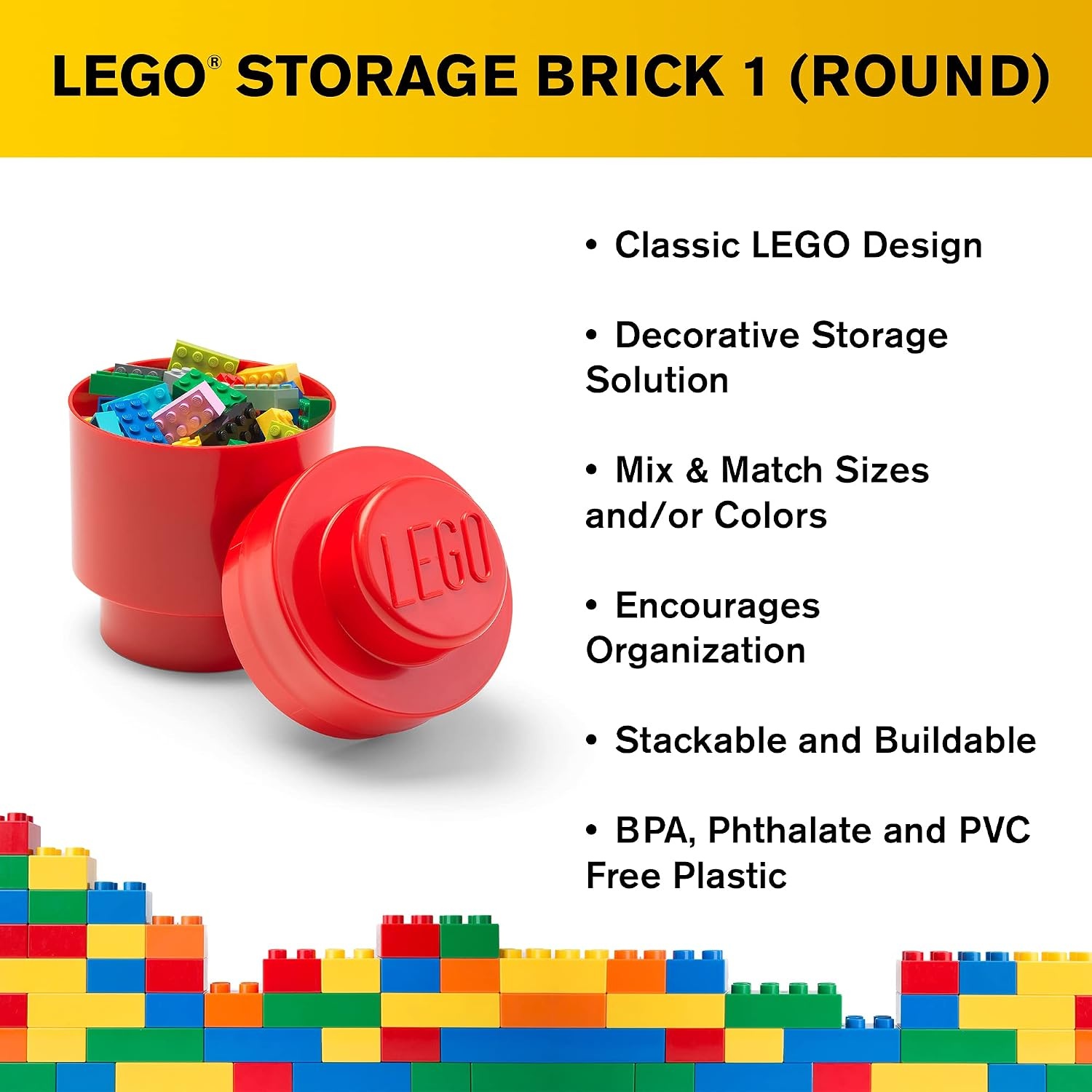 image:imageLEGO Storage Brick 1 Round 950 ml Storage Box with Lid Red LEGO Round Storage Box Stackable Organizer Toy Desk amp Shelf Storage 950 ml Capacity Brick Size 1 RoundRed