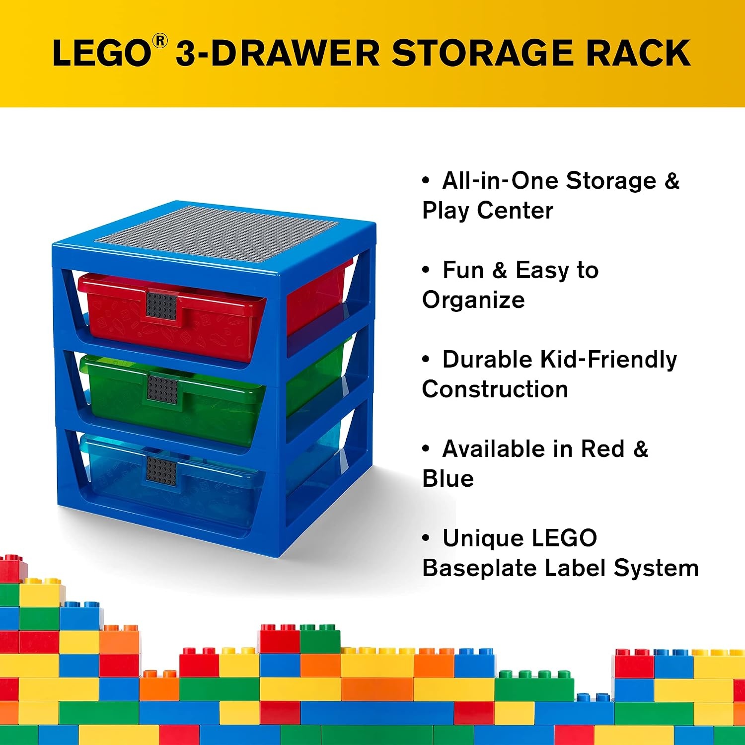 image:imageRoom Copenhagen LEGO 3Drawer Storage Rack System 1323 x 1234 x 15 In Blue 3 Removable Drawers Building Baseplate Top Toy amp Desk Storage Bedside or Desktop UseBlue