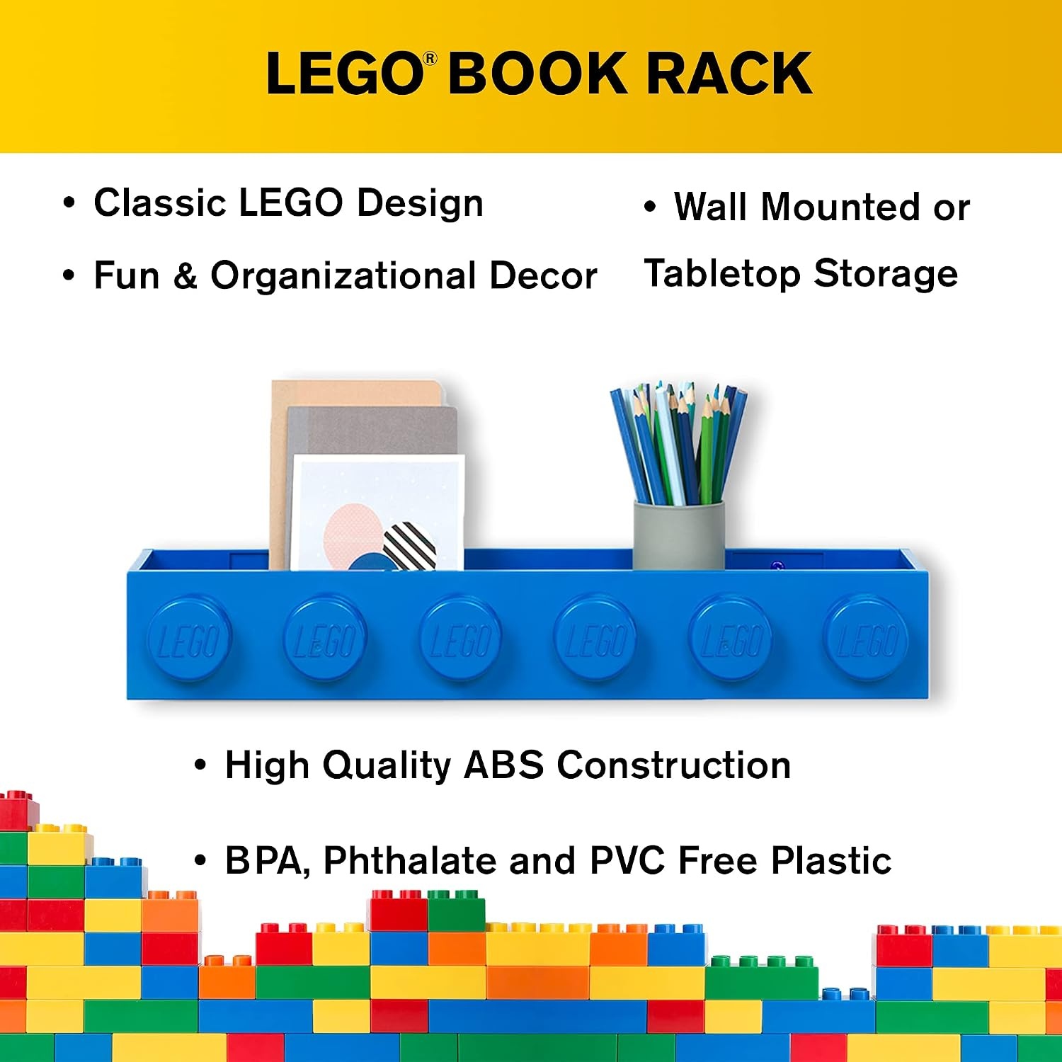 image:imageRoom Copenhagen LEGO Book Rack Wall Shelf 189 in White WallMounted Book Rack 189 in Width Book amp Magazine Storage Room OrganizationBlue