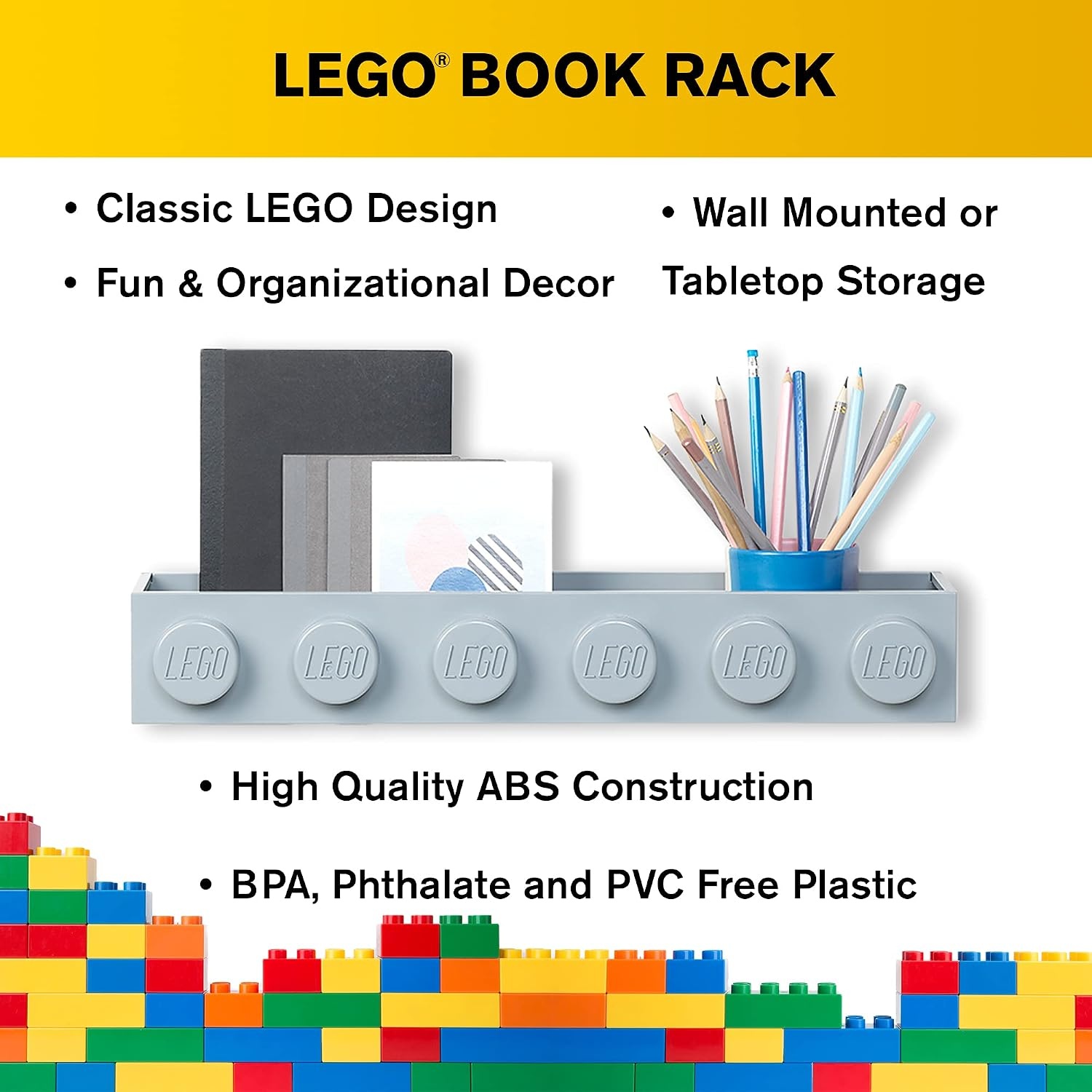 image:imageRoom Copenhagen LEGO Book Rack Wall Shelf 189 in White WallMounted Book Rack 189 in Width Book amp Magazine Storage Room OrganizationGrey
