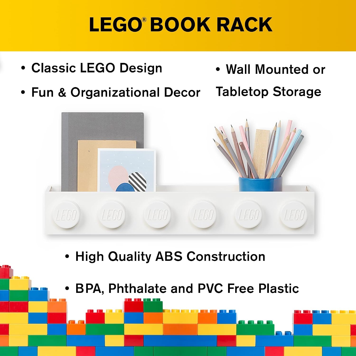 image:imageRoom Copenhagen LEGO Book Rack Wall Shelf 189 in White WallMounted Book Rack 189 in Width Book amp Magazine Storage Room OrganizationWhite