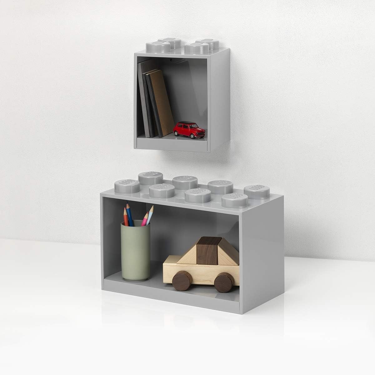 image:imageRoom Copenhagen LEGO Brick Set with 4Stud and 8Stud Box Shelves Gray Stackable Storage Box WallMounted Design Brick Design Open Storage Compartment Toy amp Desk Storage