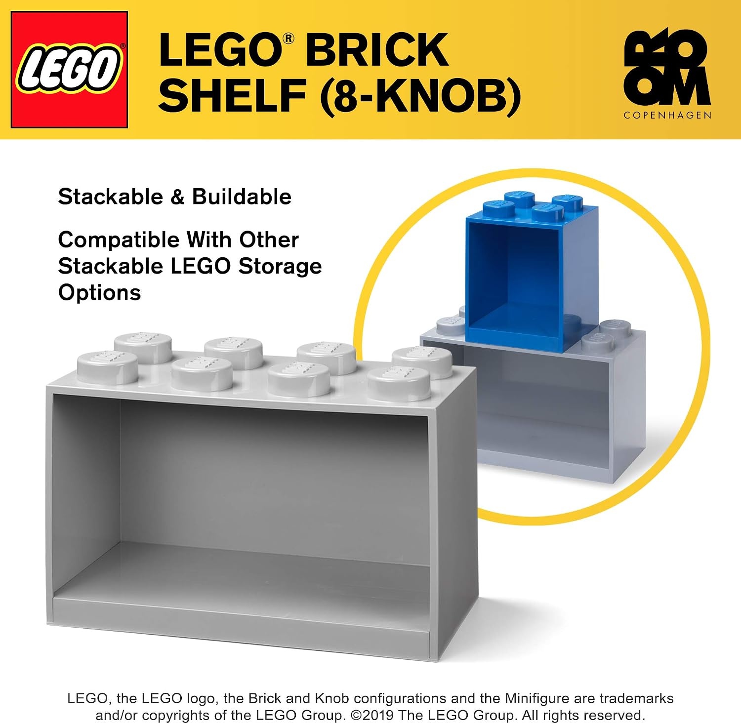 image:imageRoom Copenhagen LEGO Brick Set with 4Stud and 8Stud Box Shelves Gray Stackable Storage Box WallMounted Design Brick Design Open Storage Compartment Toy amp Desk Storage