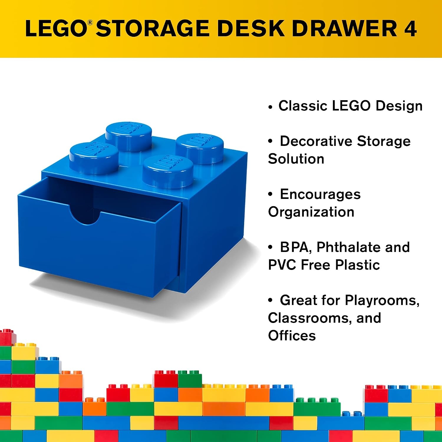image:imageRoom Copenhagen LEGO Storage Brick 4 Desk Drawer 4Stud Stackable Tabletop Storage Box 62 x 62 x 44 In Blue Stackable Storage Box 1 PullOut Drawer 4Knob Brick Design Toy amp Desk Storage