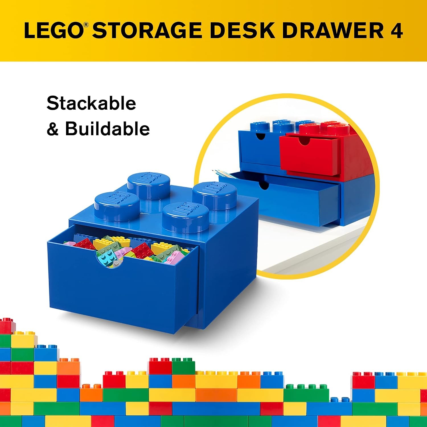 image:imageRoom Copenhagen LEGO Storage Brick 4 Desk Drawer 4Stud Stackable Tabletop Storage Box 62 x 62 x 44 In Blue Stackable Storage Box 1 PullOut Drawer 4Knob Brick Design Toy amp Desk Storage