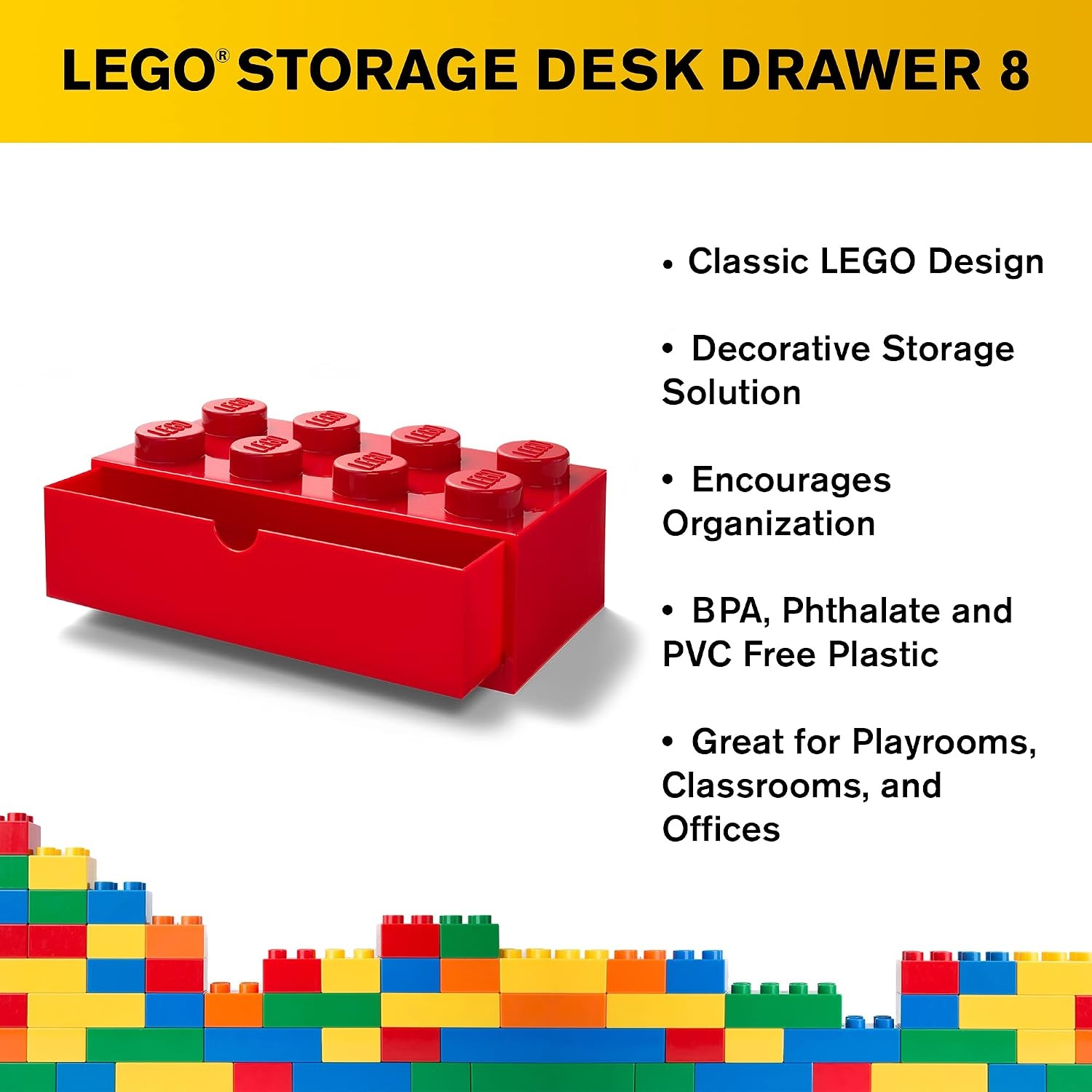 image:imageRoom Copenhagen Lego Storage Brick 8 Desk Drawer 8Stud Stackable Tabletop Storage Box 124 x 62 x 44 in Bright Red Stackable Storage Box Storage with Lid Toy Organization 8Stud Stackable