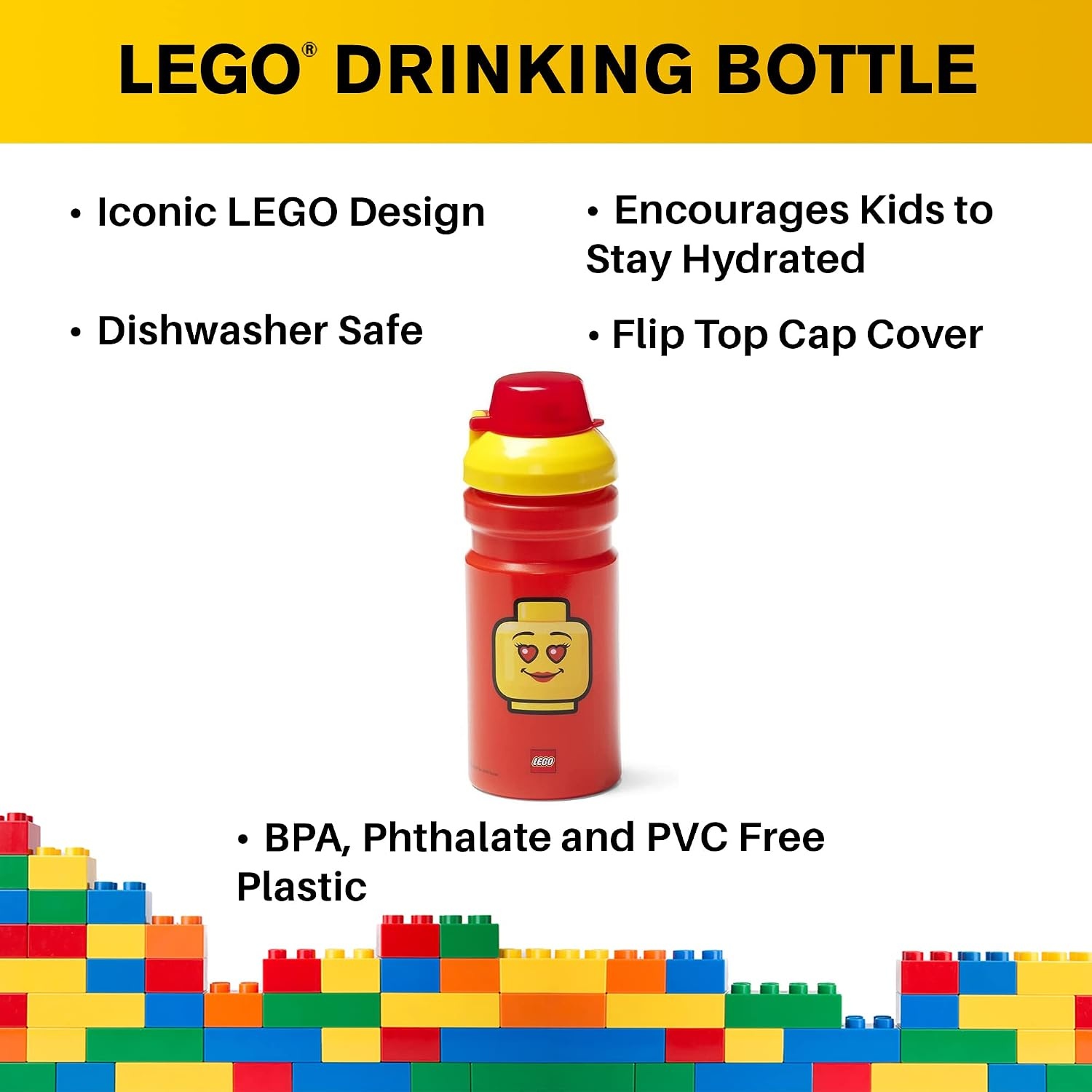 image:imageLEGO Iconic Drinking Bottle 13 oz with Covered Spout Red and Yellow Water Bottle 13 oz Capacity Covered Drinking Spout LeakResistant Lid Everyday HydrationRed and Yellow