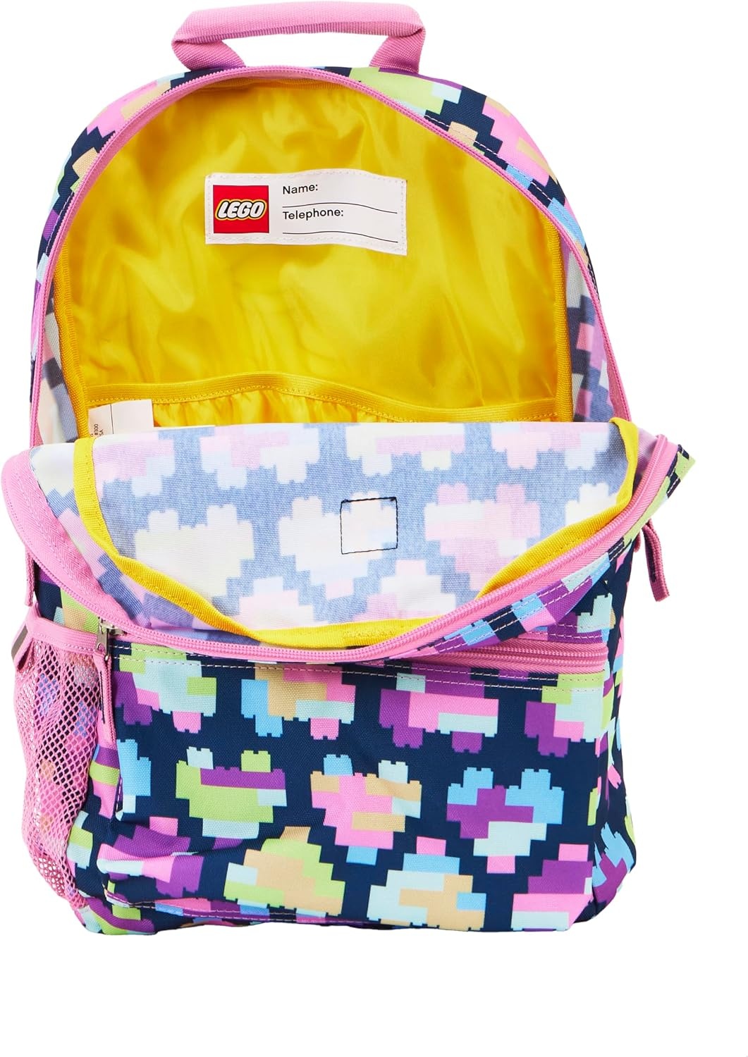 image:imageLEGO Iconic Prints Kids School Backpack Bookbag for Travel OntheGo Back to School Boys and Girls with Adjustable Padded Straps and Fun patterns Rainbow HeartsNeon Brick Hearts