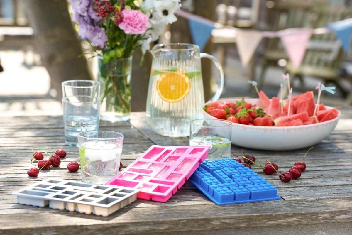 image:imageRoom Copenhagen LEGO Iconic Ice Cube Tray Dishwasher Safe Silicone Brick Mold Set of 3 Blue Pink and Grey