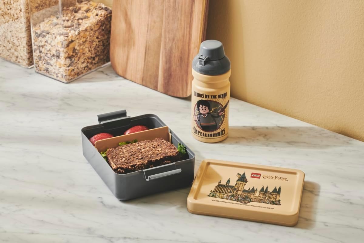 image:imageRoom Copenhagen LEGO LUNCH SET Harry Potter Hogwarts Design 390ml Bottle amp Lunch Box for Kids amp Adults Dishwasher Safe Perfect for Meals on the Go Beige amp Grey