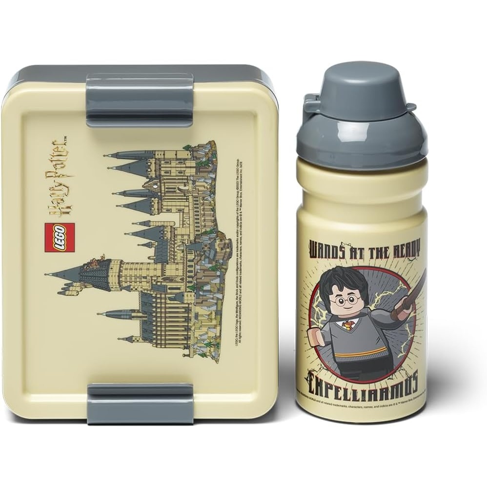 image:imageRoom Copenhagen LEGO LUNCH SET Harry Potter Hogwarts Design 390ml Bottle amp Lunch Box for Kids amp Adults Dishwasher Safe Perfect for Meals on the Go Beige amp Grey